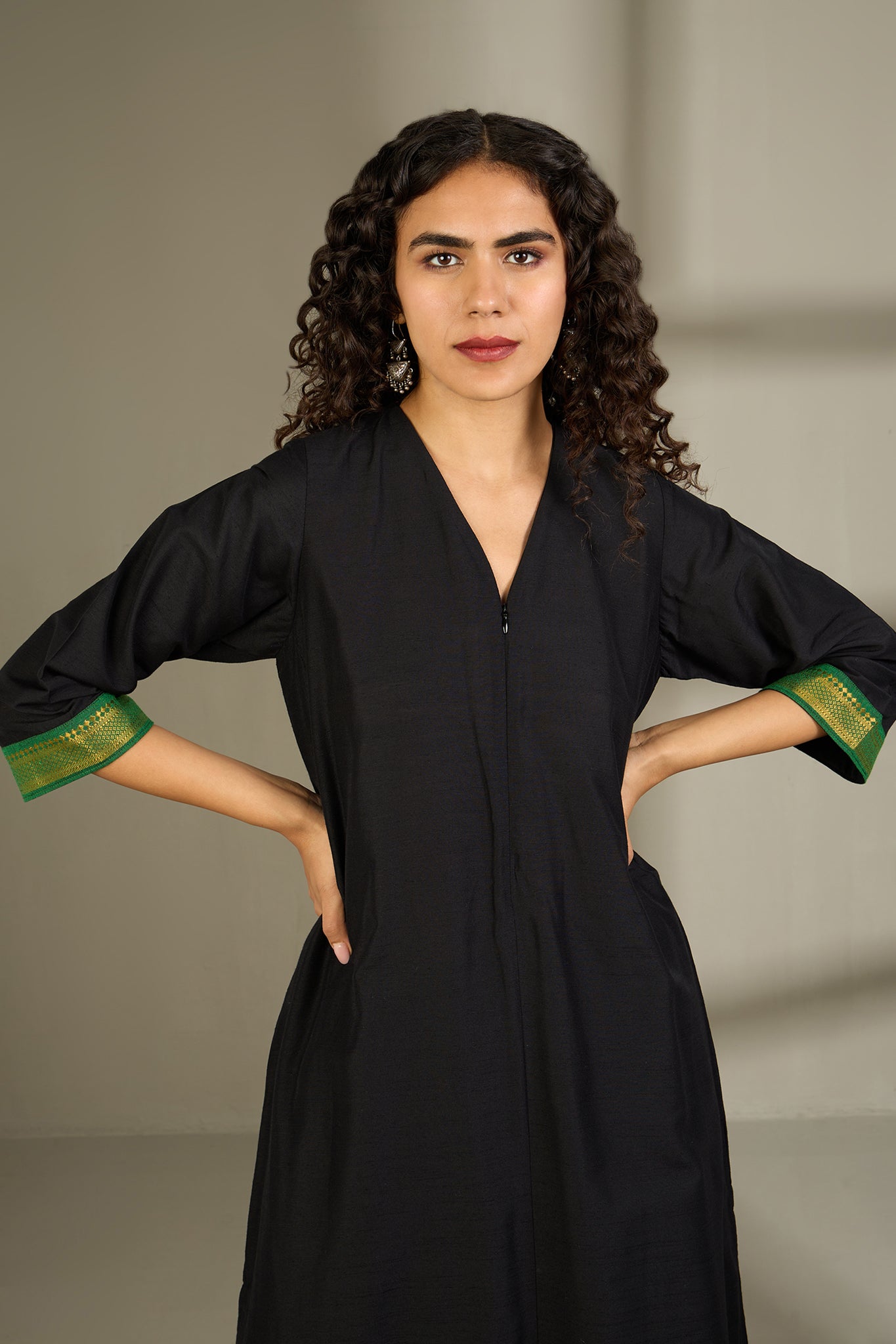 Midnight Ink & Forest Foil Front Zipper A-line Kurta