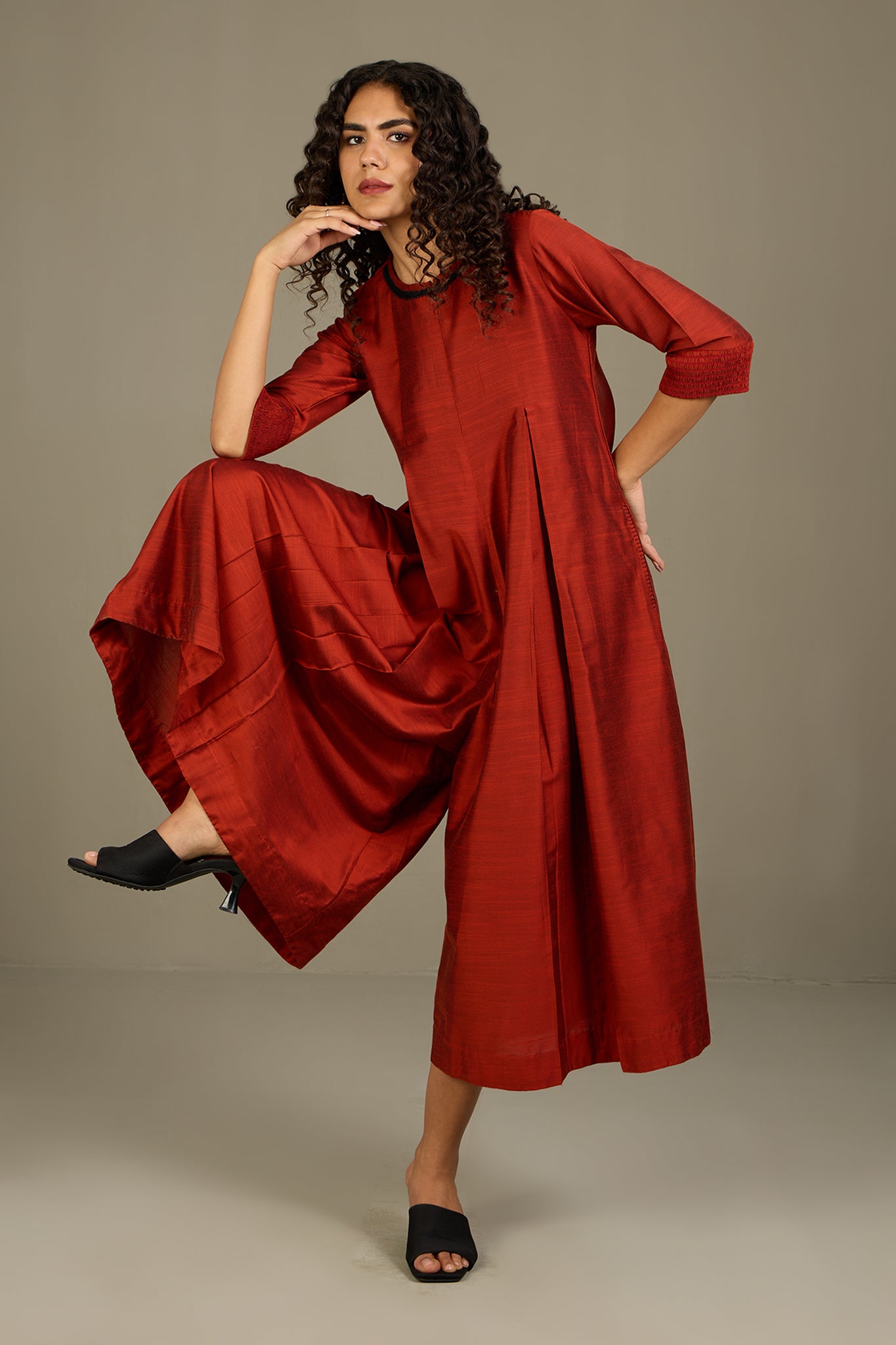 Lustrous Earth Jumpsuit with Pockets & Smocked Sleeve