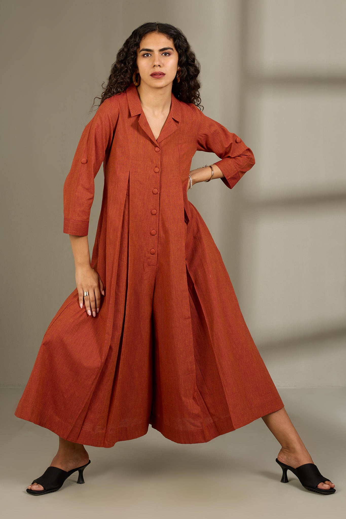 Burnished Earth Cotton Jumpsuit with Pockets & Collar