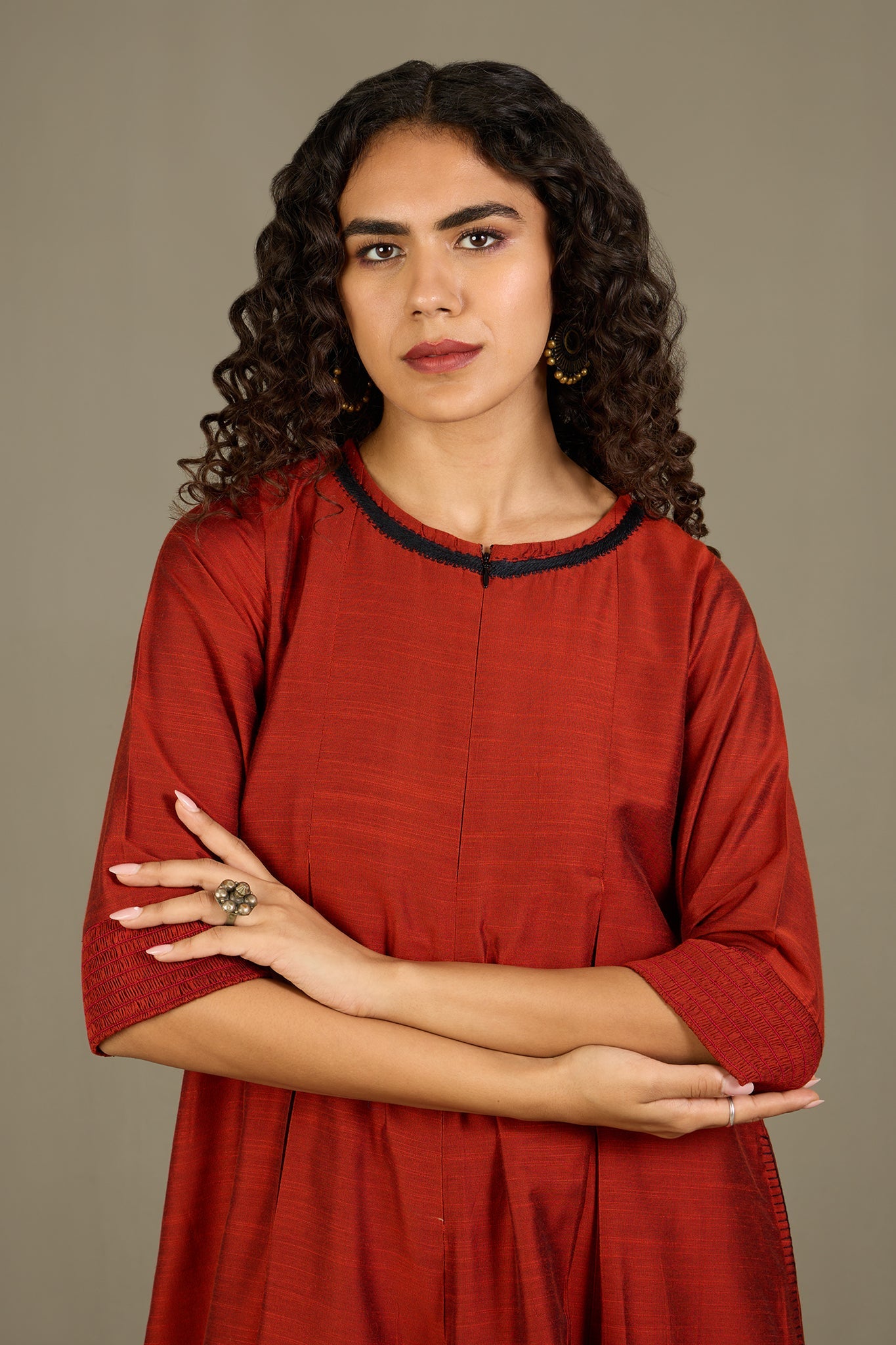 Lustrous Earth Jumpsuit with Pockets & Smocked Sleeve