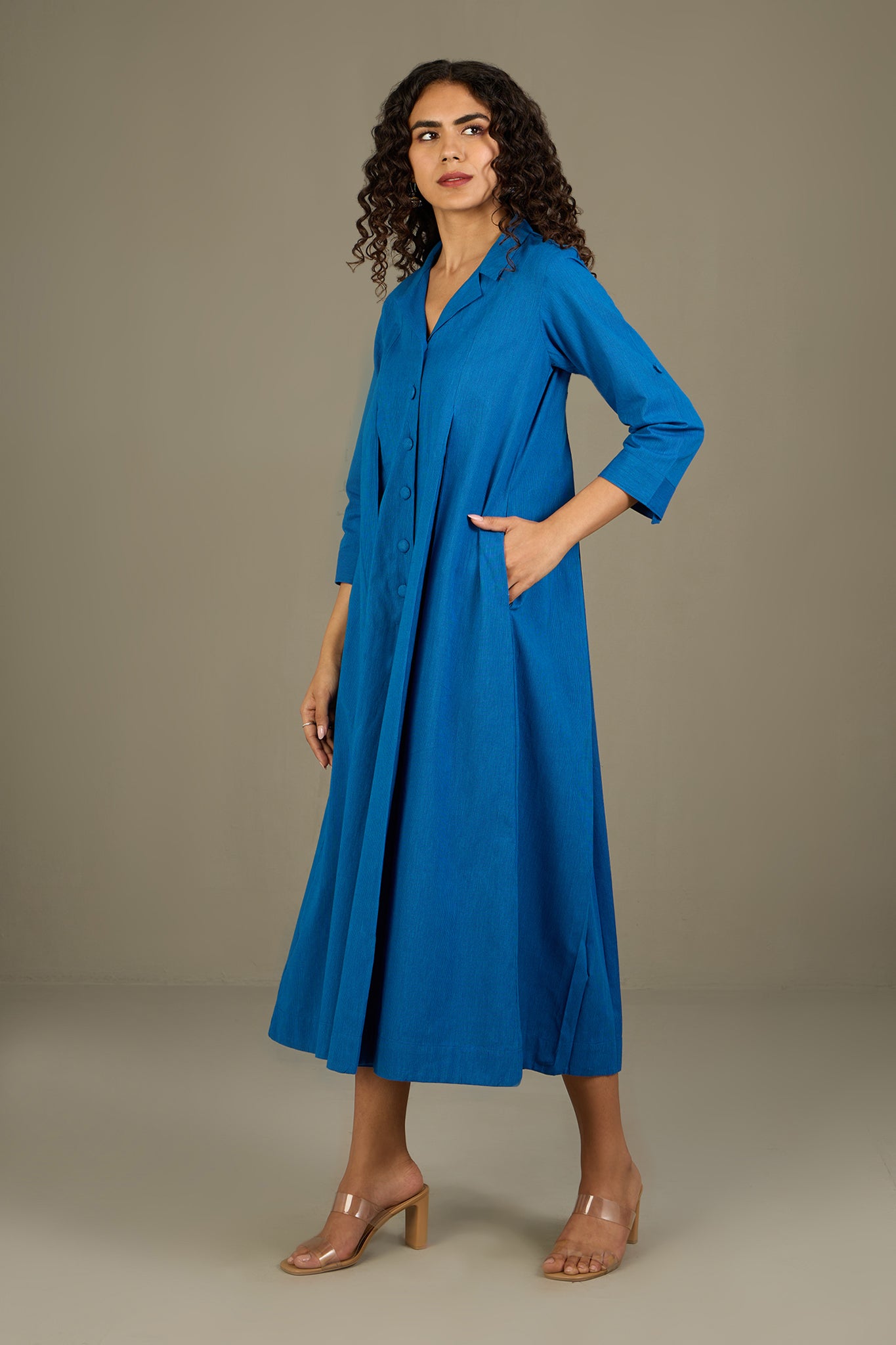 Azure Serenade Cotton Jumpsuit with Pockets & Collar