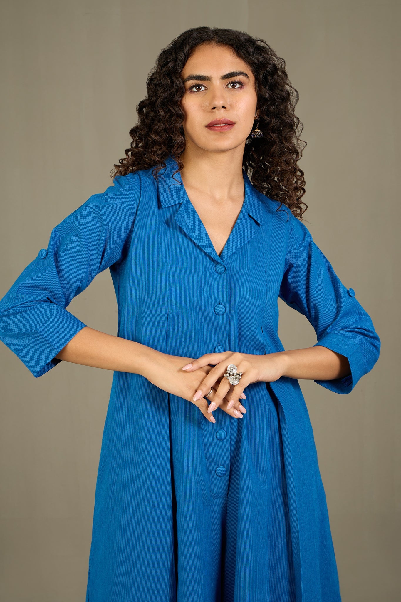 Azure Serenade Cotton Jumpsuit with Pockets & Collar