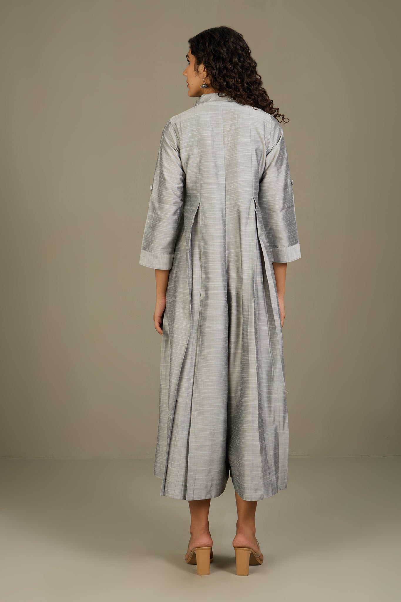 Gleaming Silver Silk Slub Jumpsuit with Pockets & Collar