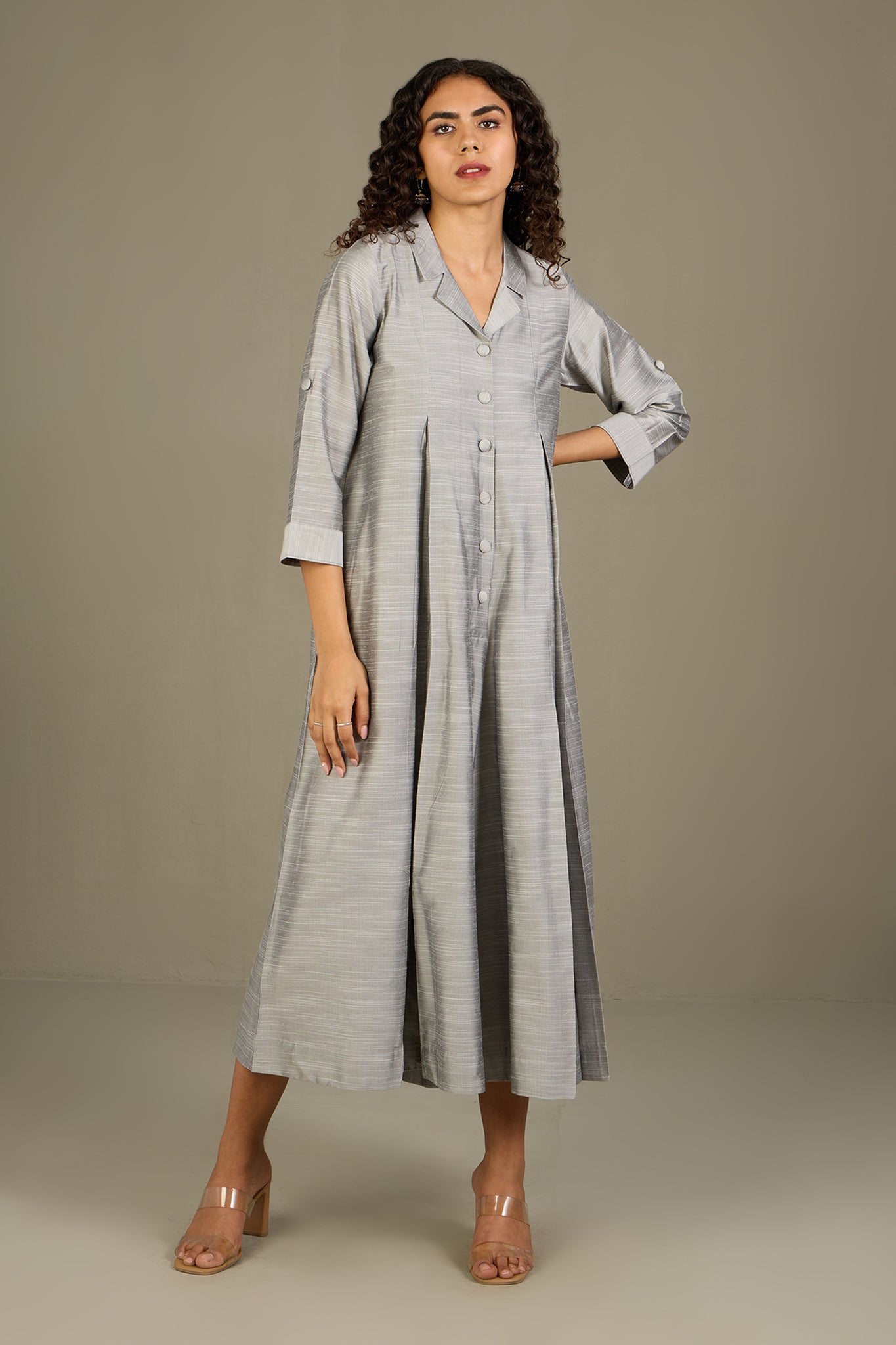 Gleaming Silver Silk Slub Jumpsuit with Pockets & Collar