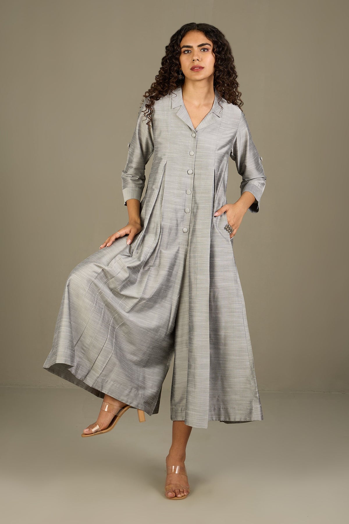 Gleaming Silver Silk Slub Jumpsuit with Pockets & Collar