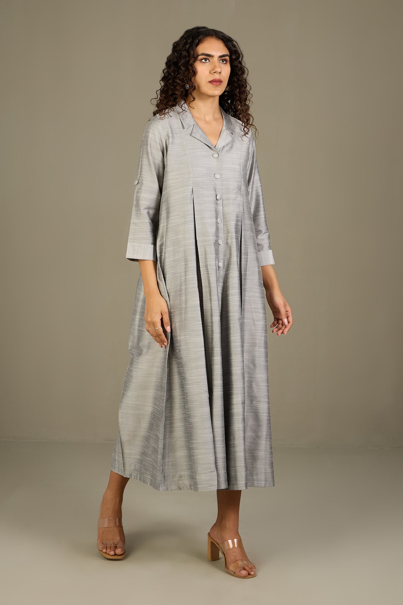 Gleaming Silver Silk Slub Jumpsuit with Pockets & Collar