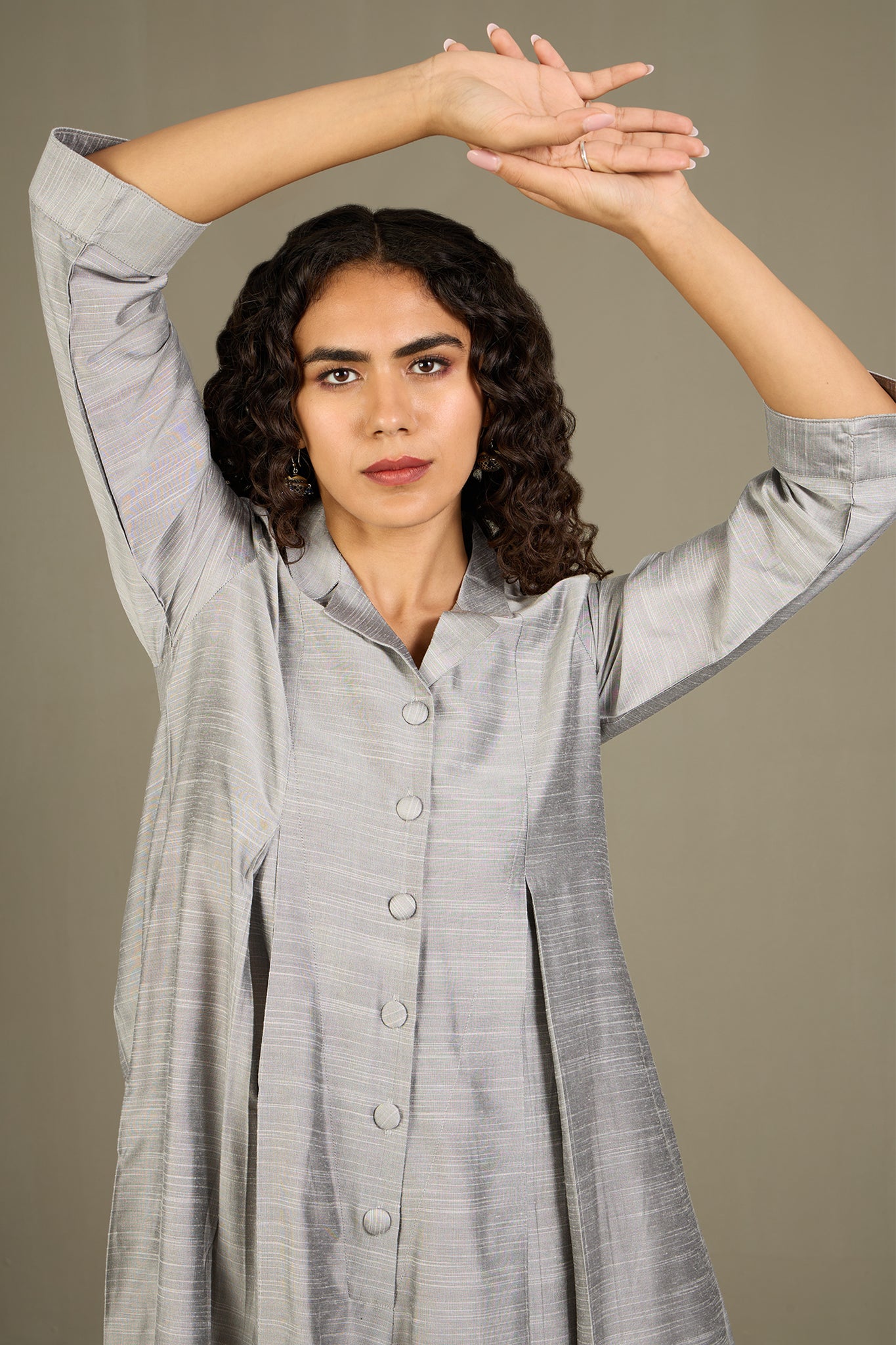 Gleaming Silver Silk Slub Jumpsuit with Pockets & Collar