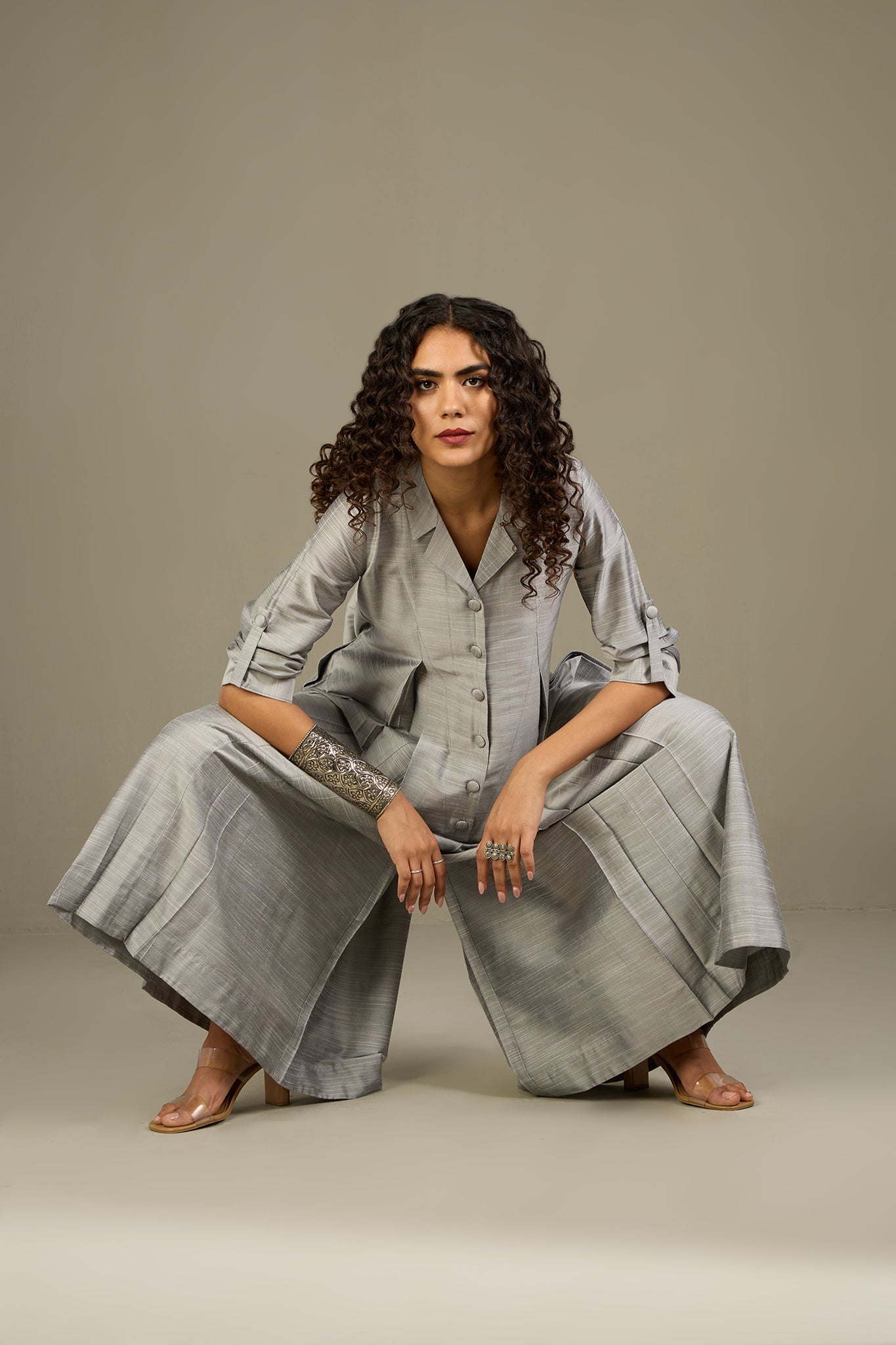 Gleaming Silver Silk Slub Jumpsuit with Pockets & Collar