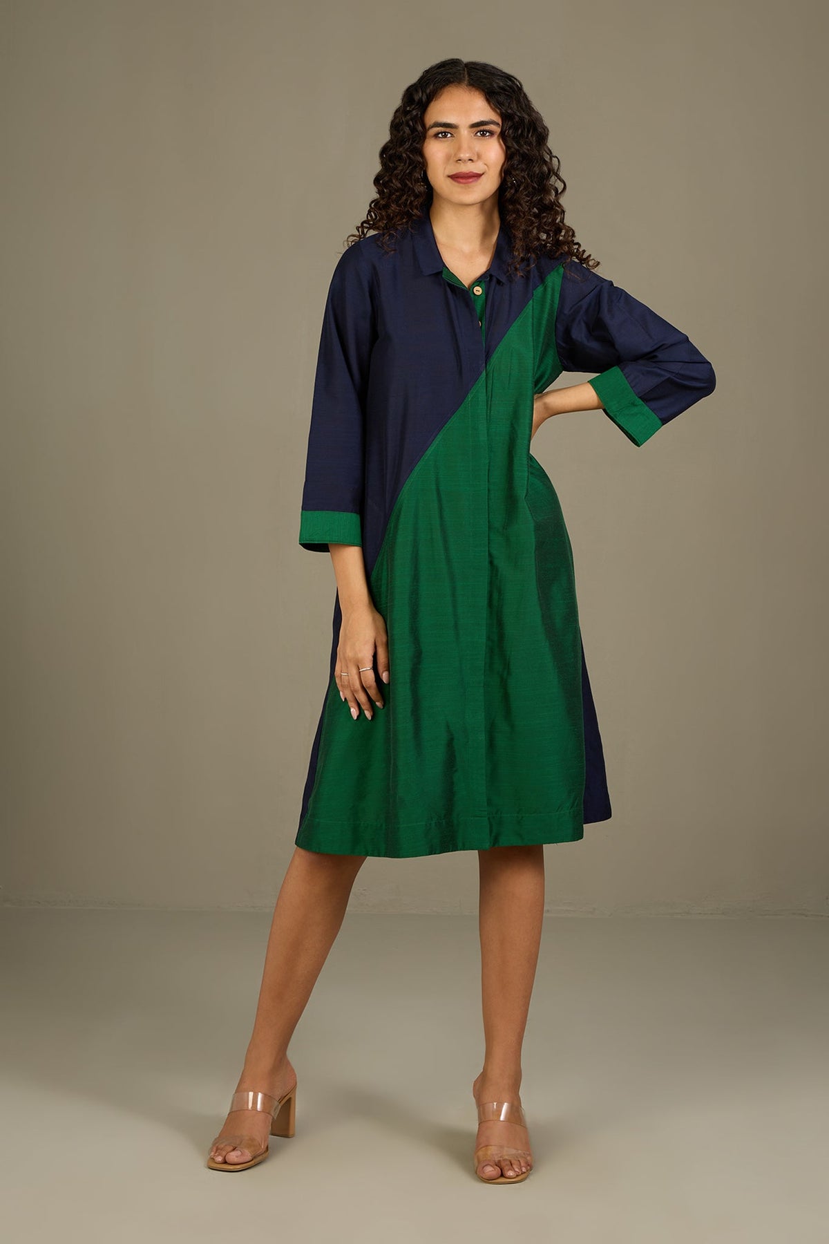 Midnight in the Forest Silk Slub Cross Shirt Dress