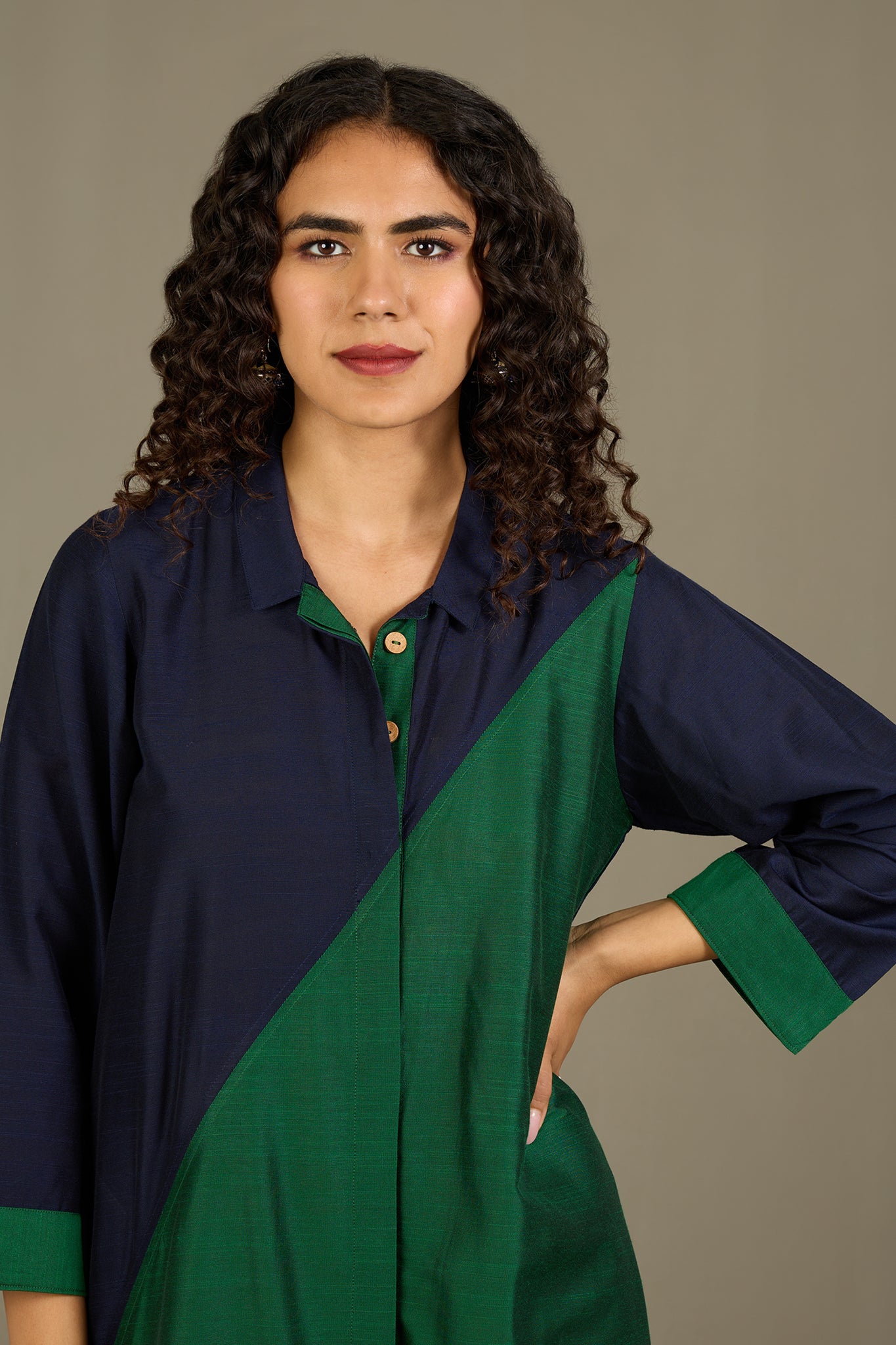 Midnight in the Forest Silk Slub Cross Shirt Dress