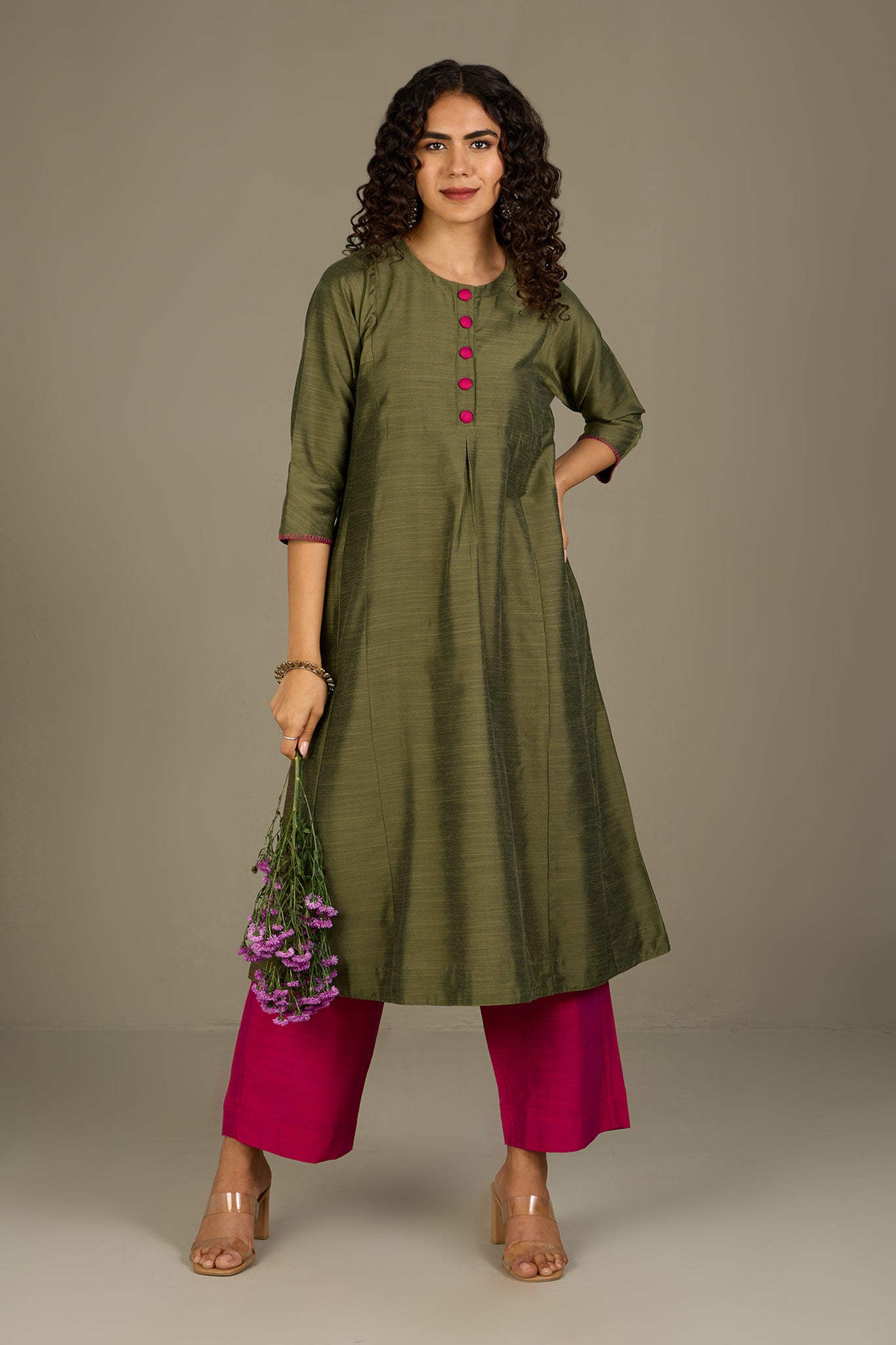 Forest Rose Silk Slub Kalidar Kurta