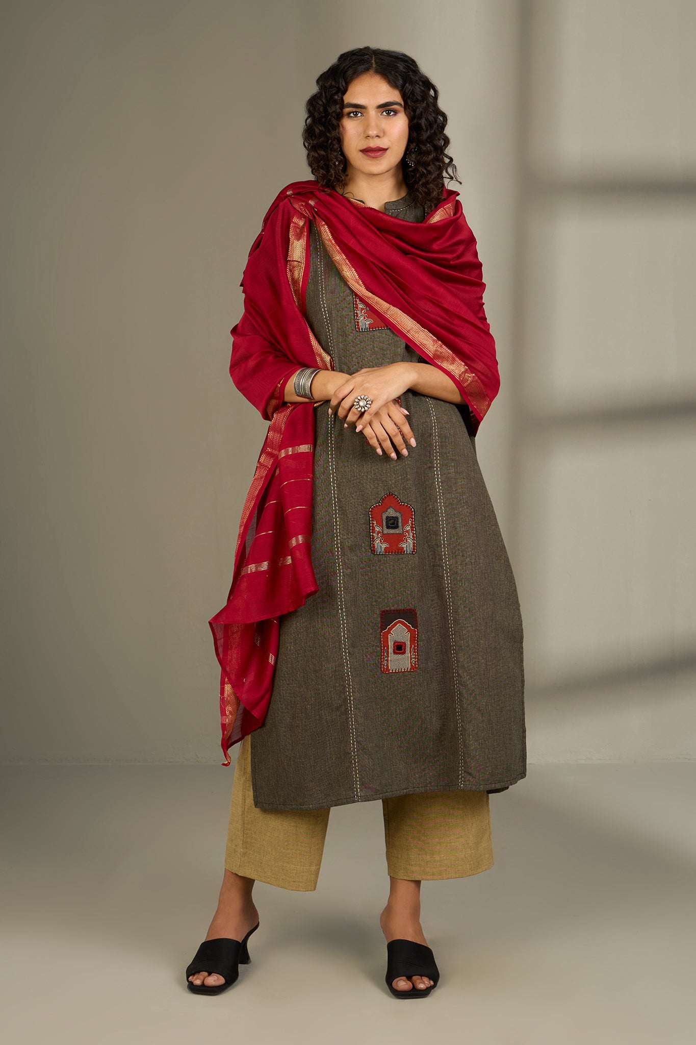 Co-ord Set Crimson Dune Mystic Doorway Long Panel Kurta and Pants (Set of 2)