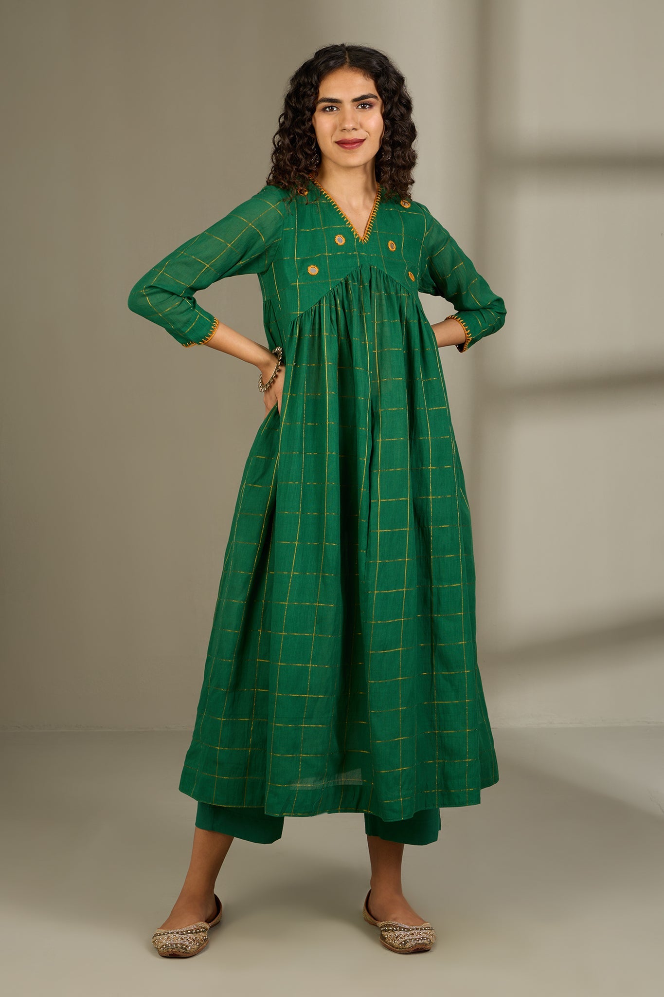 Emerald Checks  & Gold V-Neck Gather Anarkali