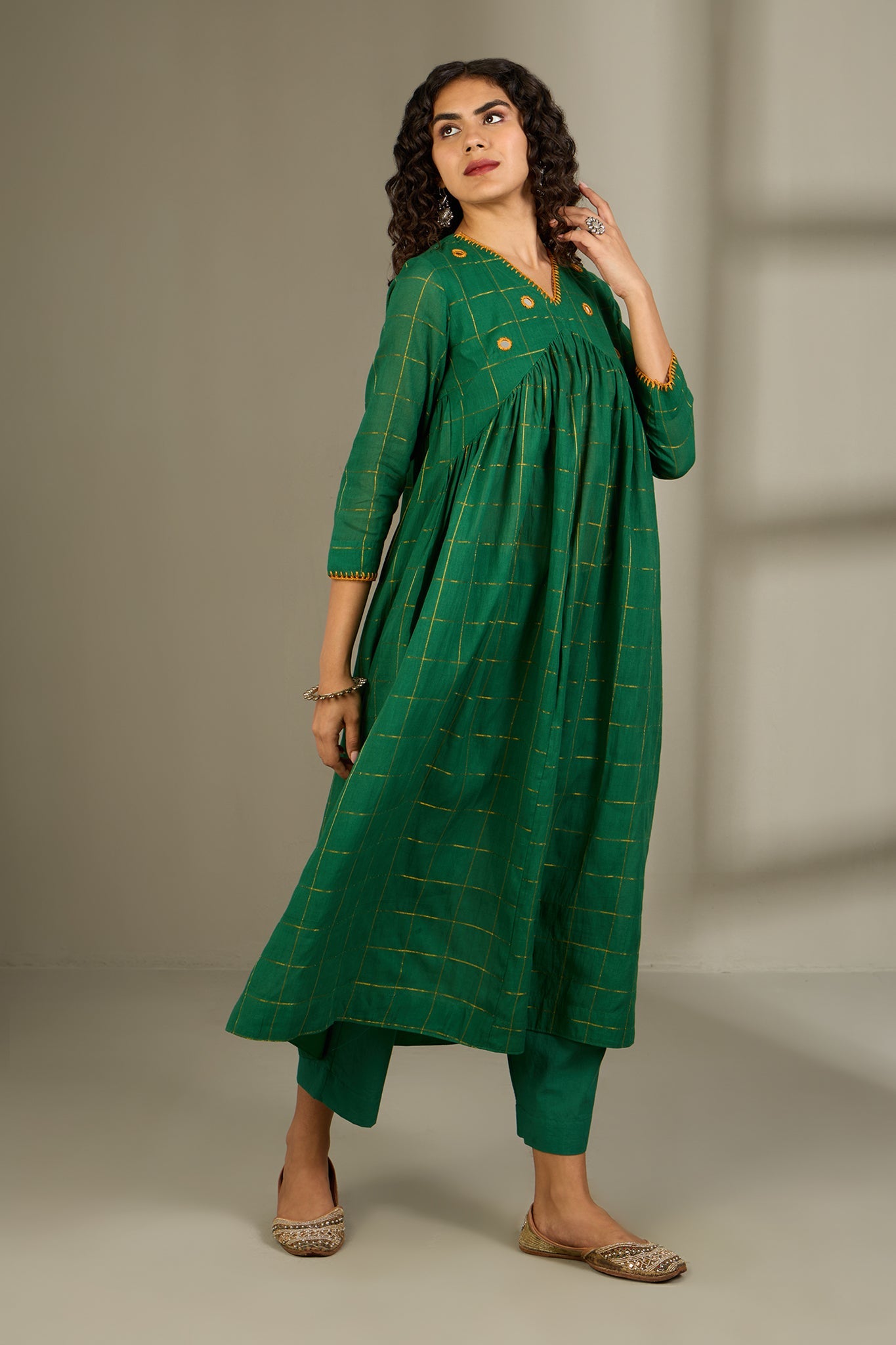 Emerald Checks  & Gold V-Neck Gather Anarkali