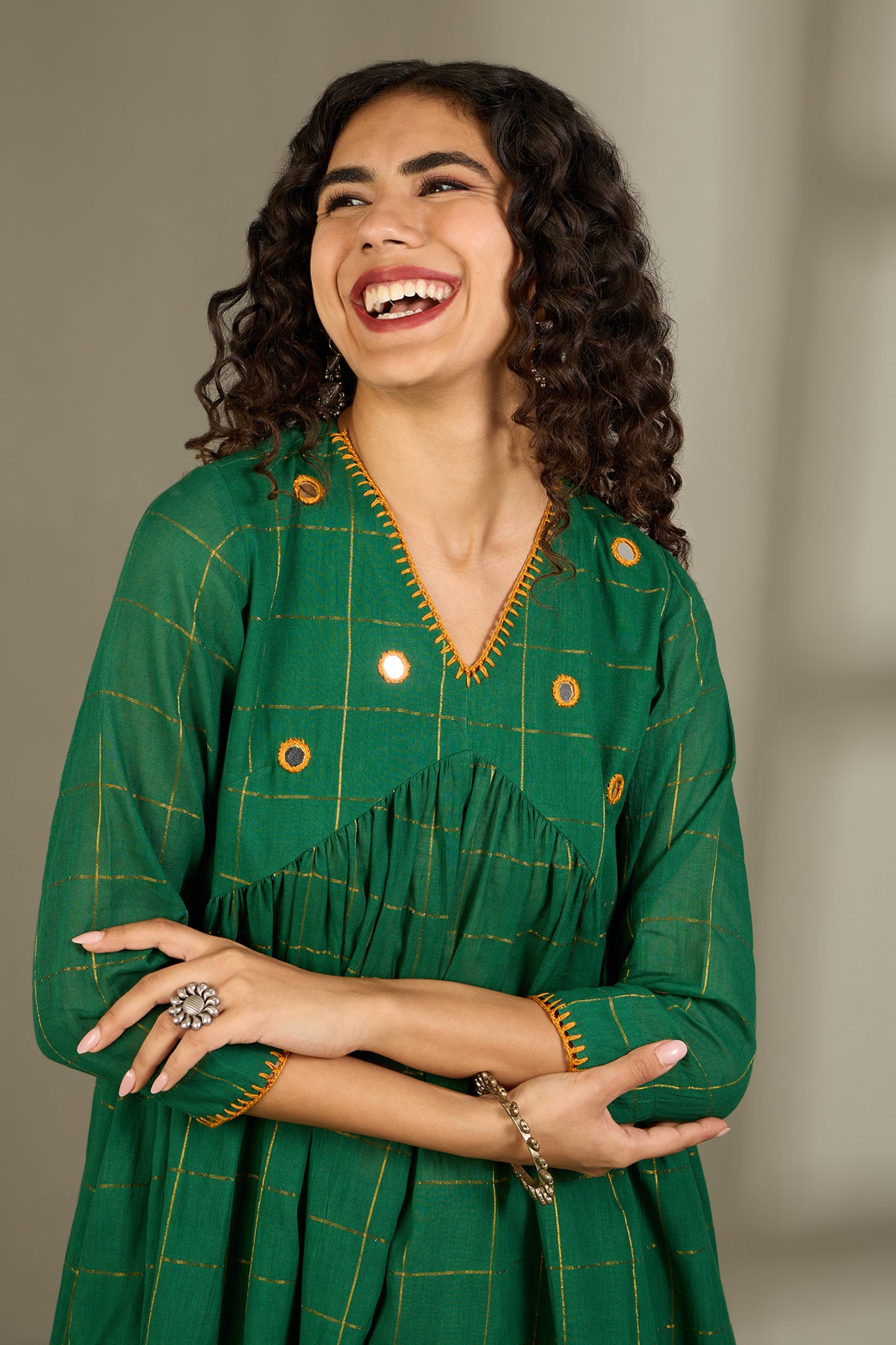 Emerald Checks  & Gold V-Neck Gather Anarkali