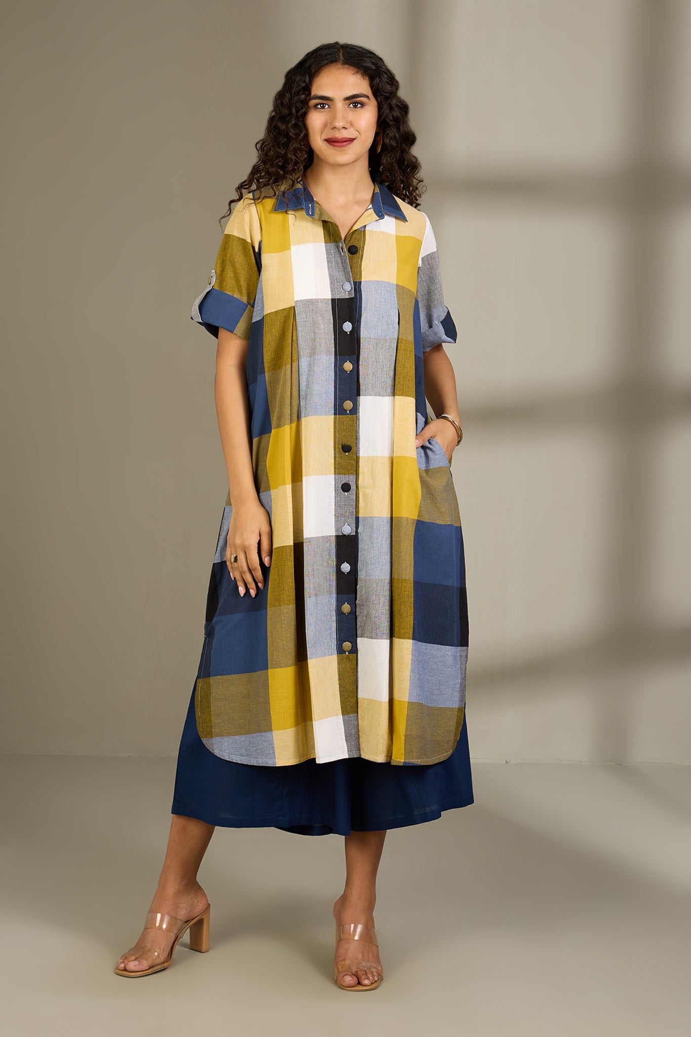 Coastal Checks Box Pleat Button Down Shirt Dress
