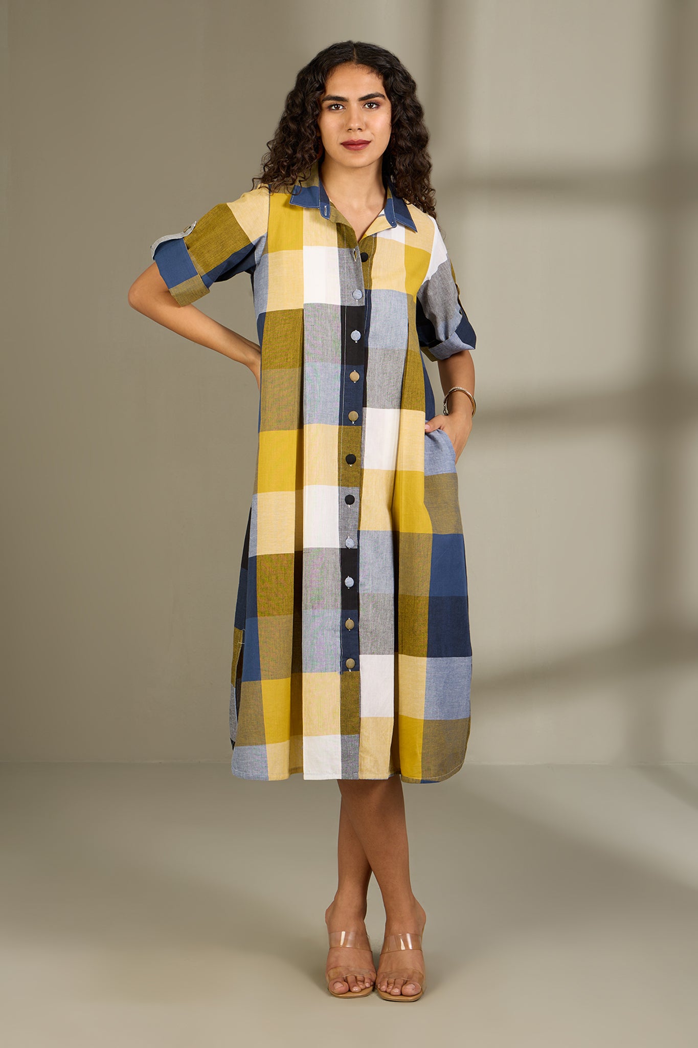 Coastal Checks Box Pleat Button Down Shirt Dress