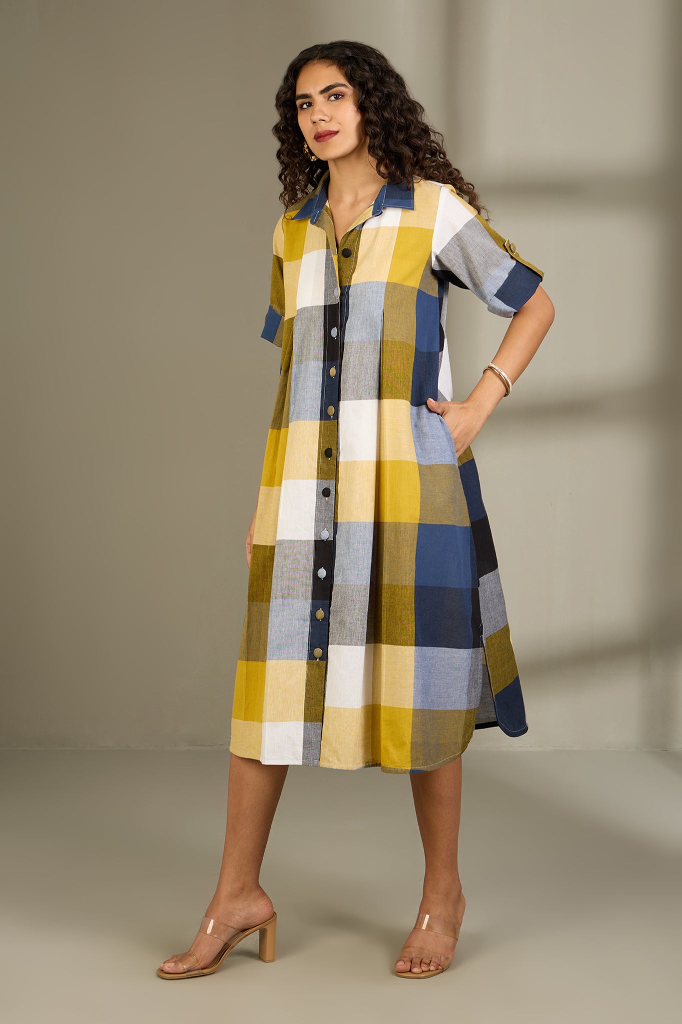 Coastal Checks Box Pleat Button Down Shirt Dress