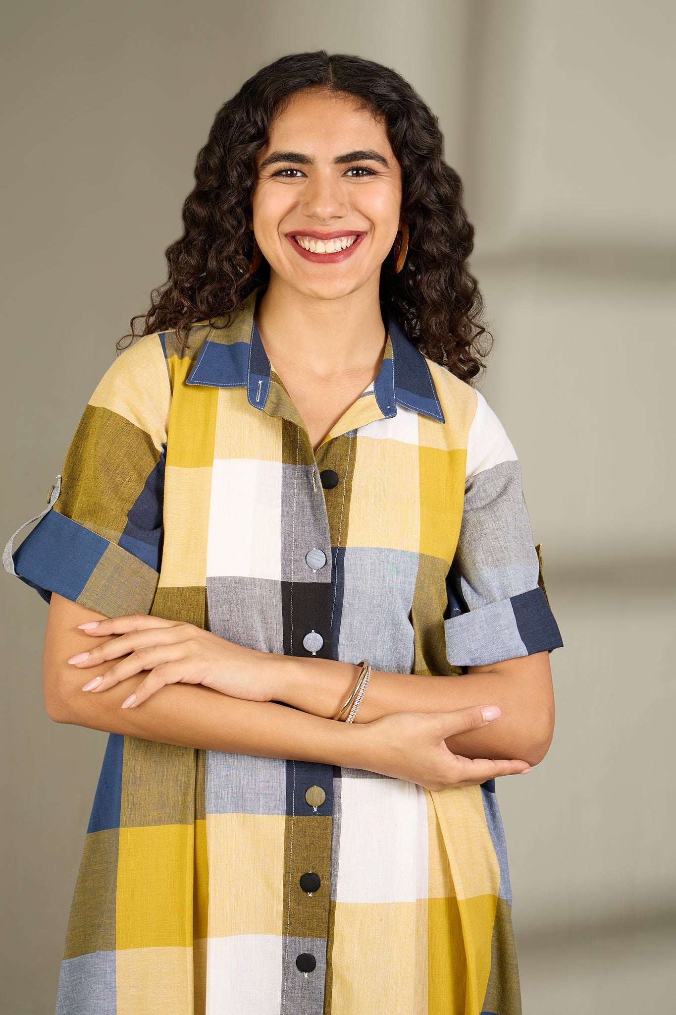 Coastal Checks Box Pleat Button Down Shirt Dress