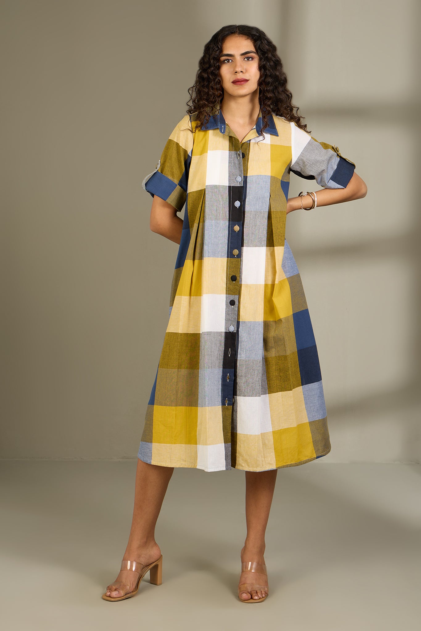 Coastal Checks Box Pleat Button Down Shirt Dress