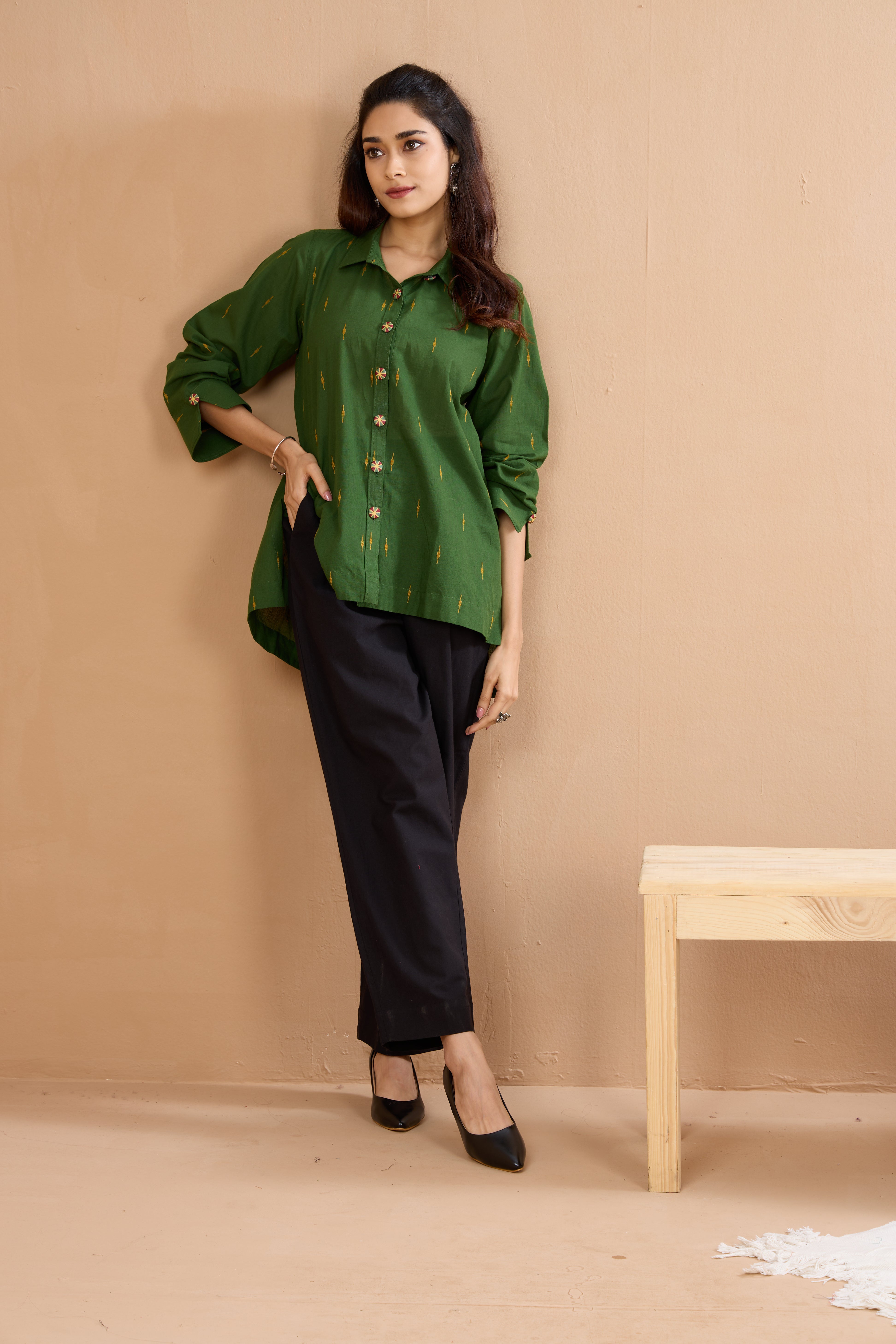 Forest Gold  Front High Low Hem Cotton Shirt (only shirt)