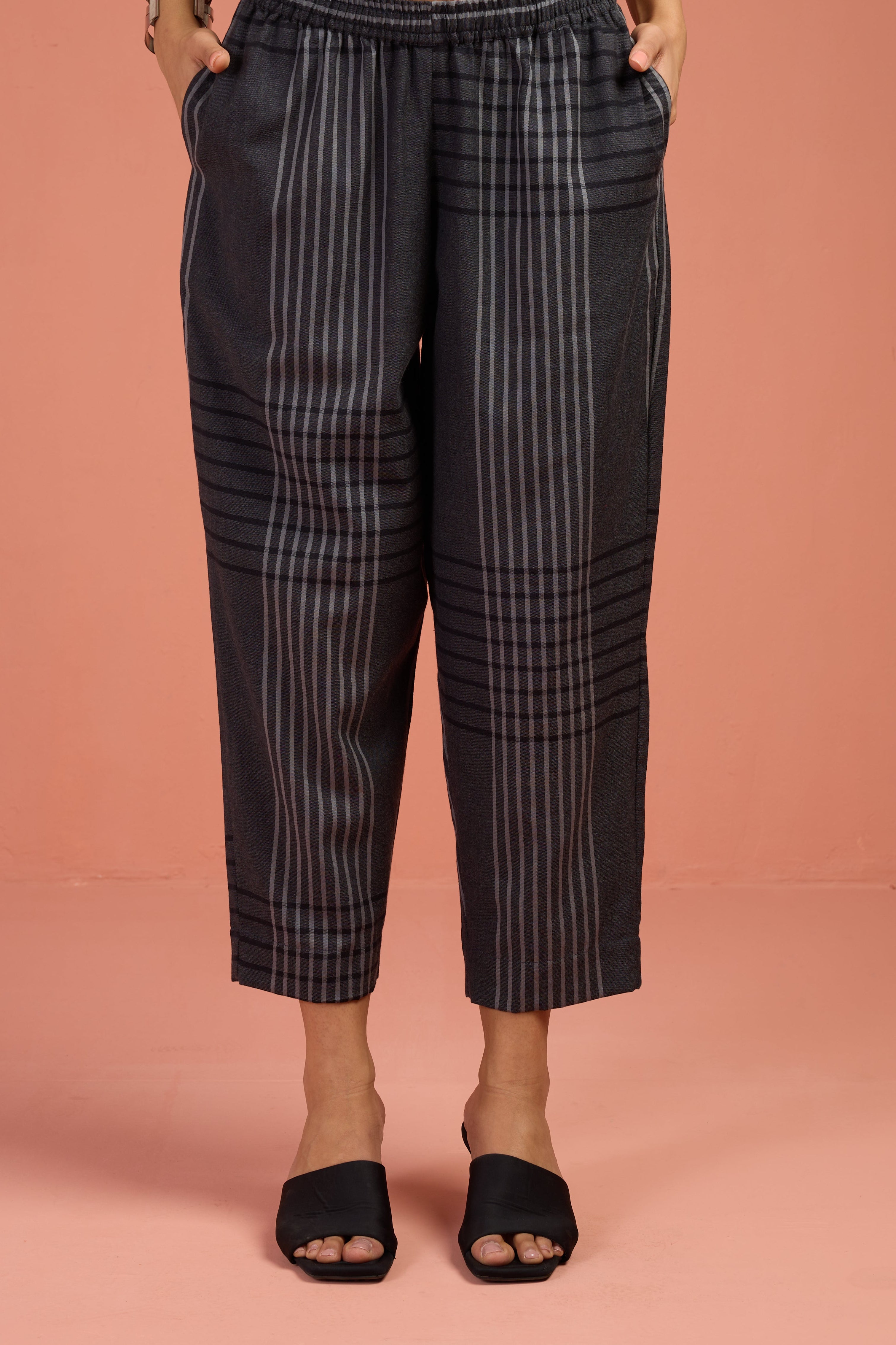 Coord Set - Porcelain Thread Front Button Down Slit Kurta & Grey Stripes Pants (set of 2)