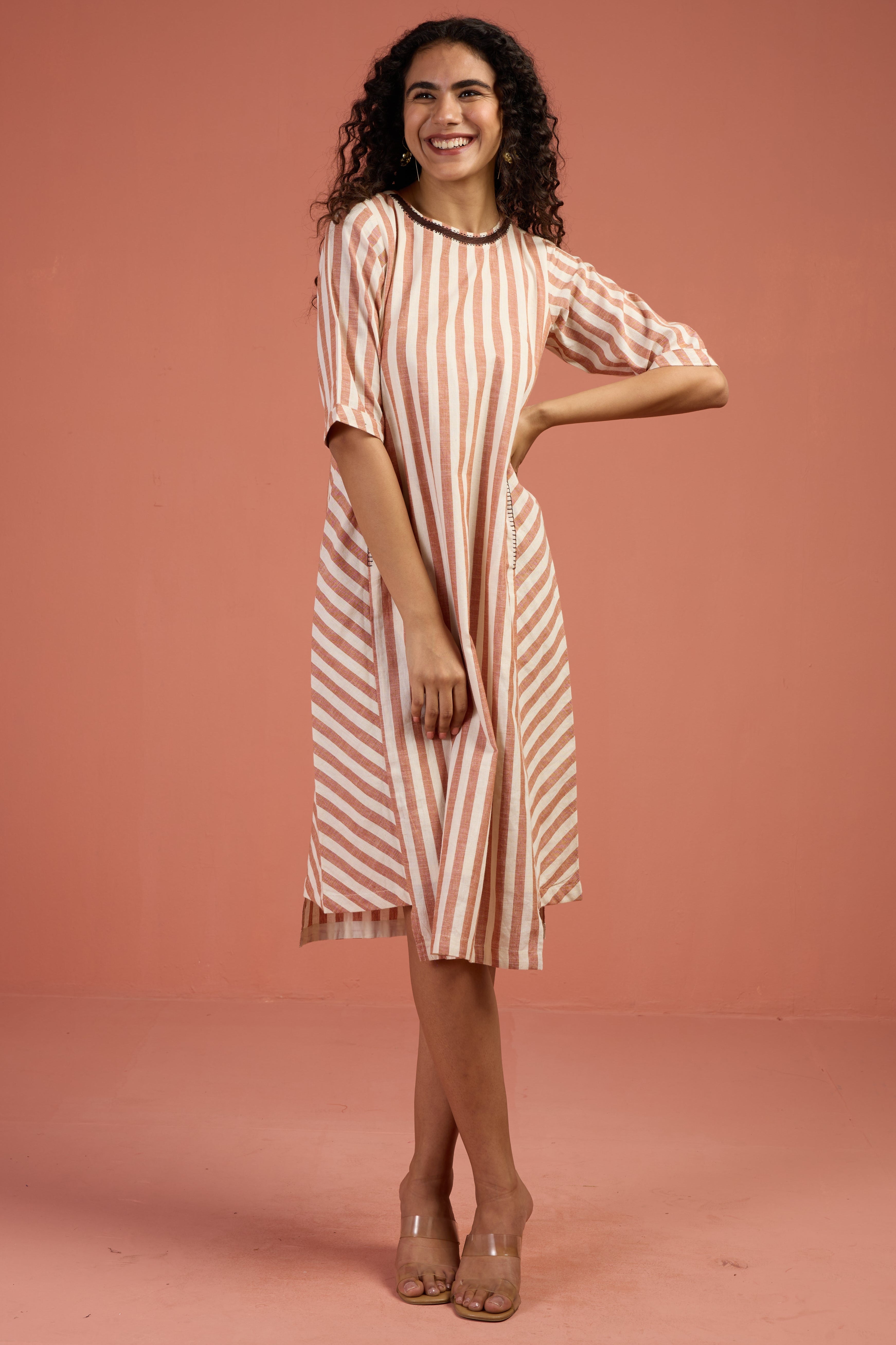 Cinnamon Stripes Side Bias Shift Dress