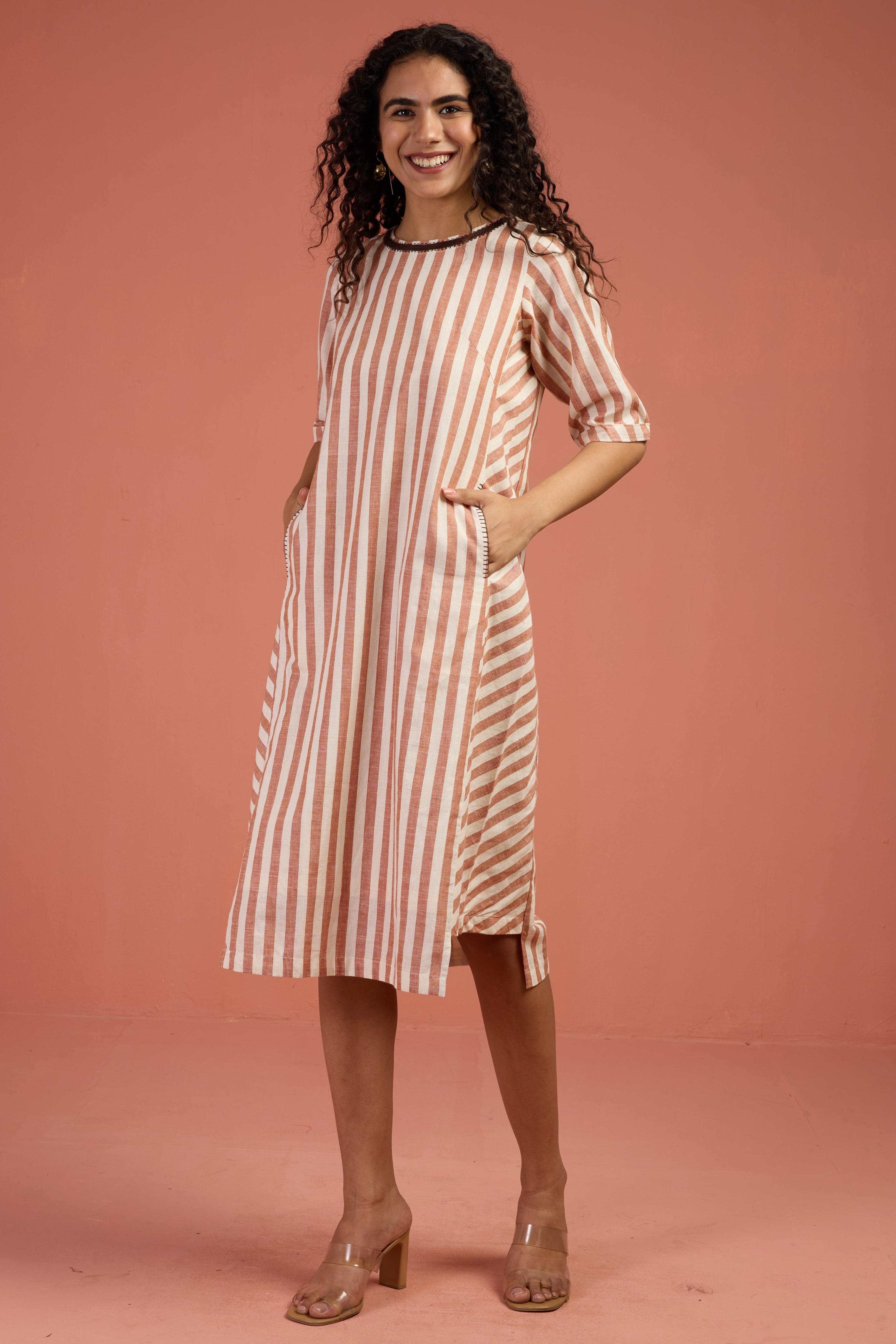 Cinnamon Stripes Side Bias Shift Dress