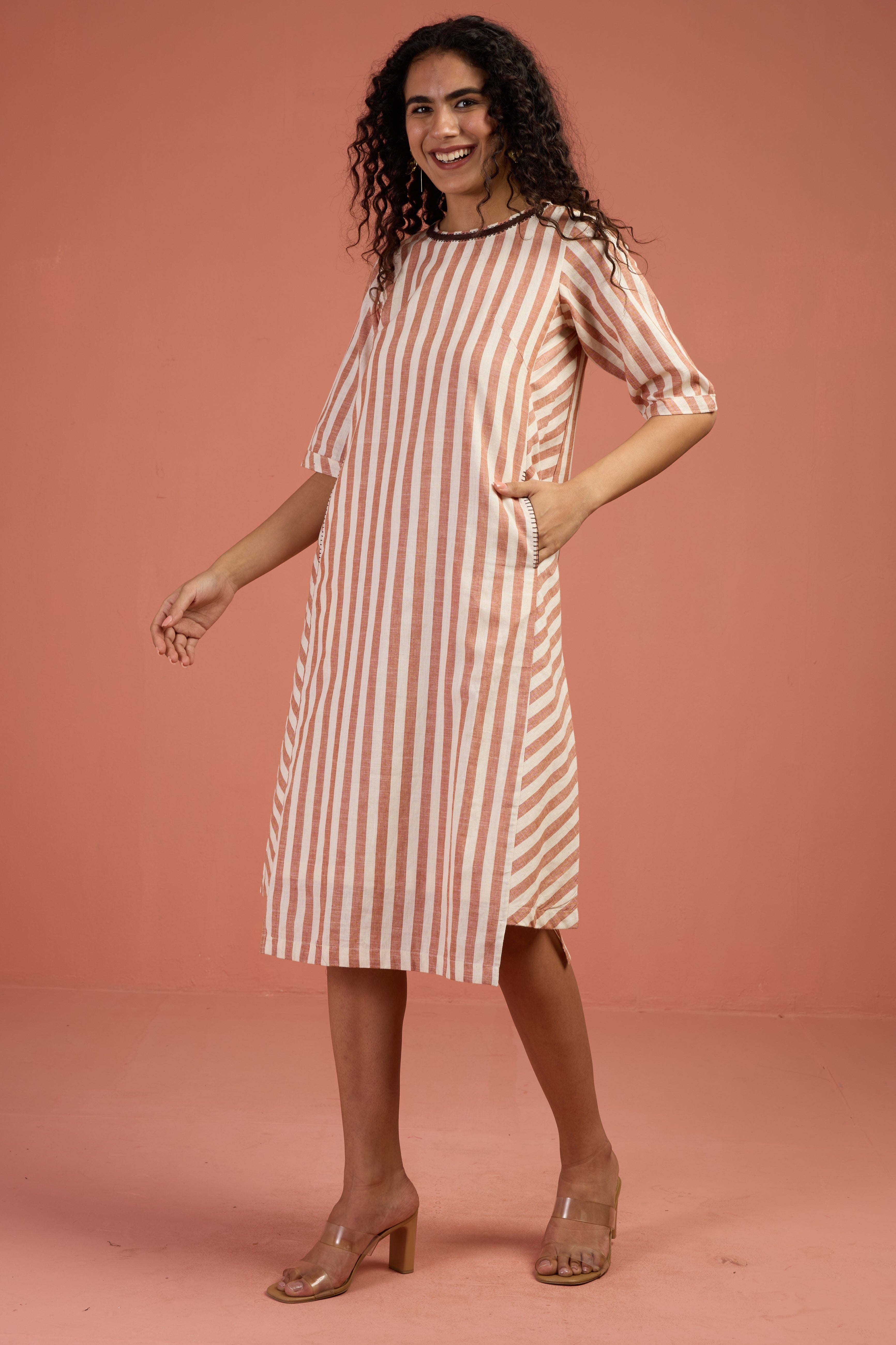 Cinnamon Stripes Side Bias Shift Dress