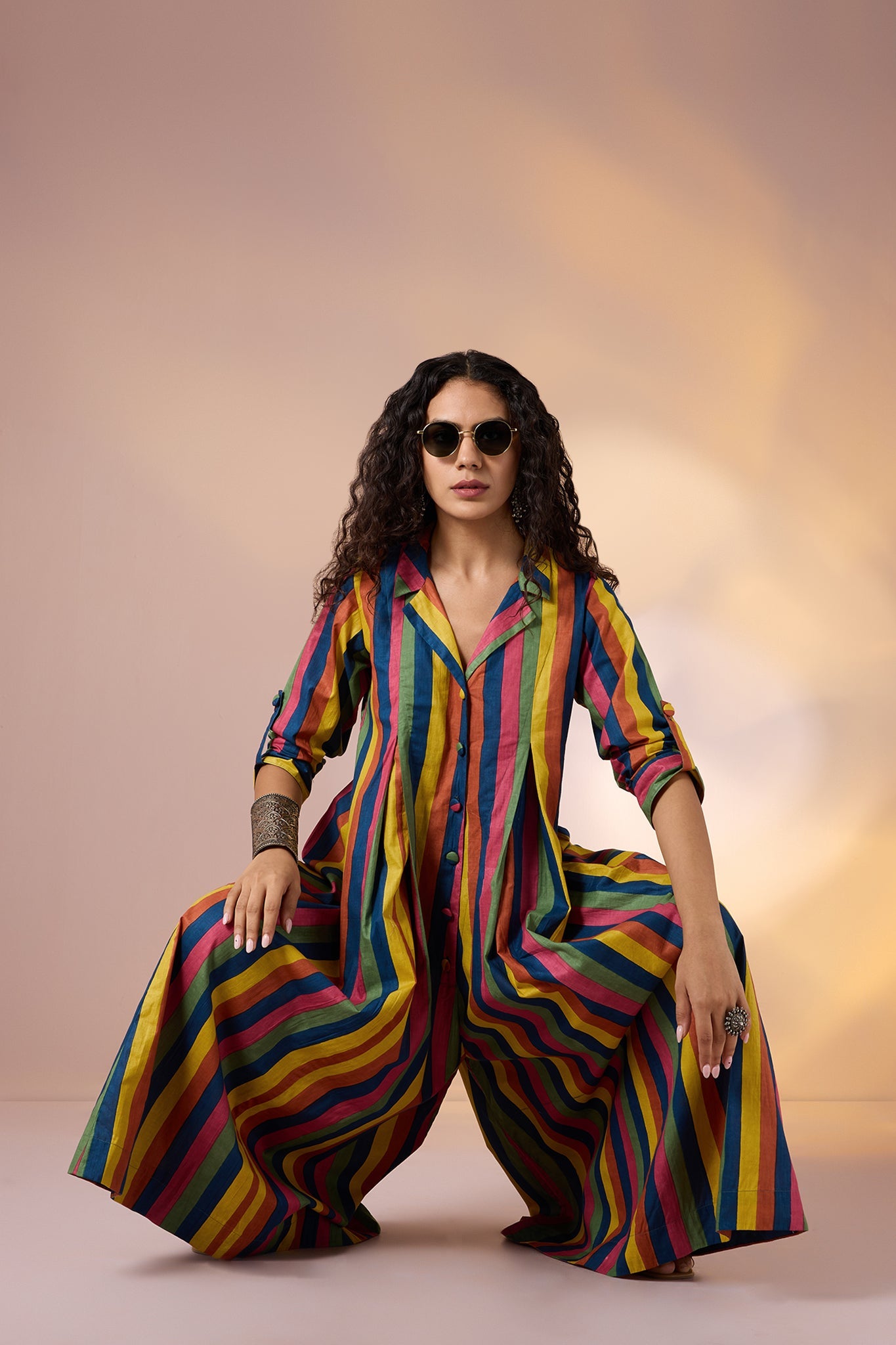 Carnival Stripes Cotton Jumpsuit with Pockets & Collar
