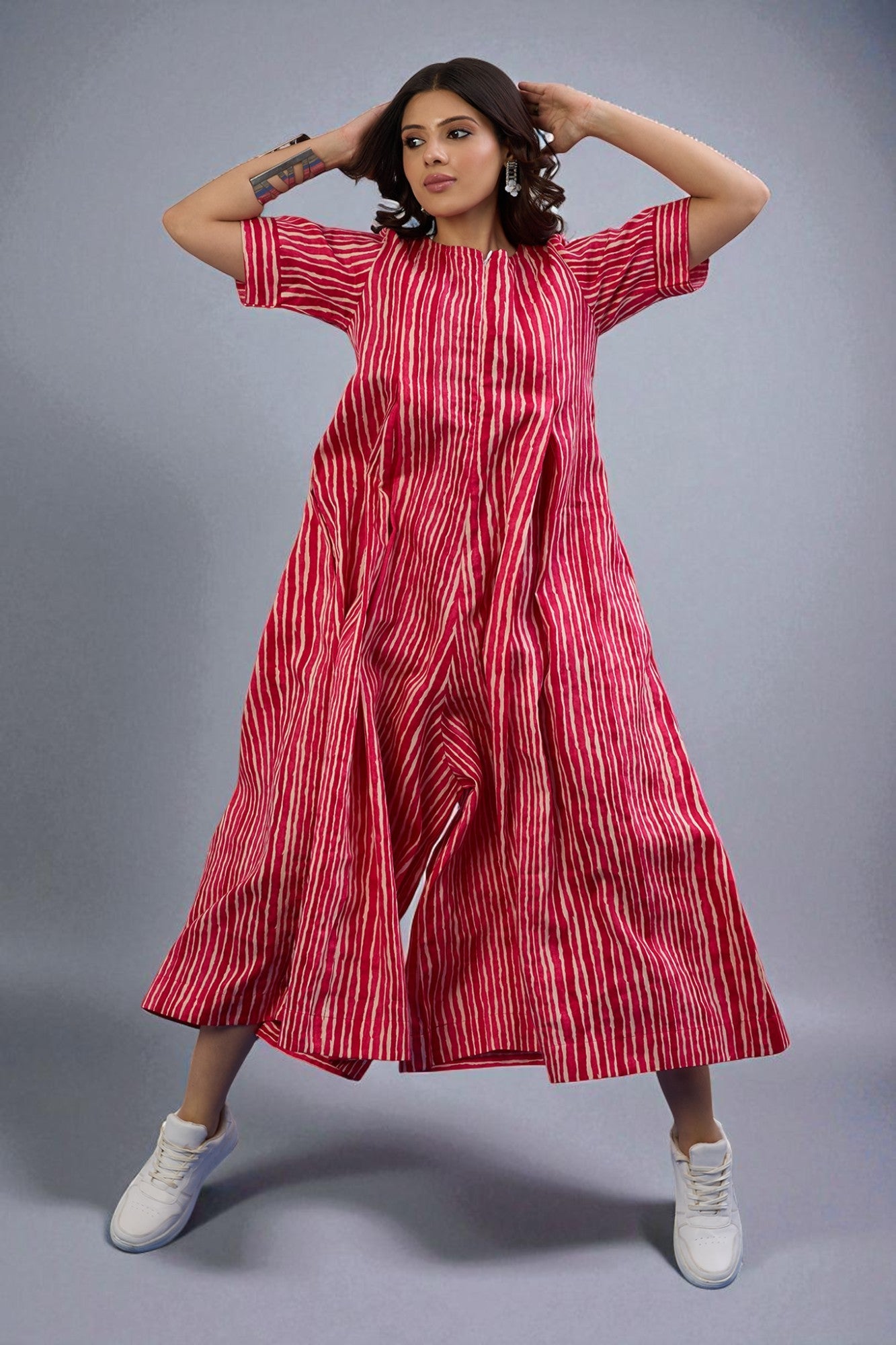 Candy Stripes Jumpsuit with Pockets & Sleeves