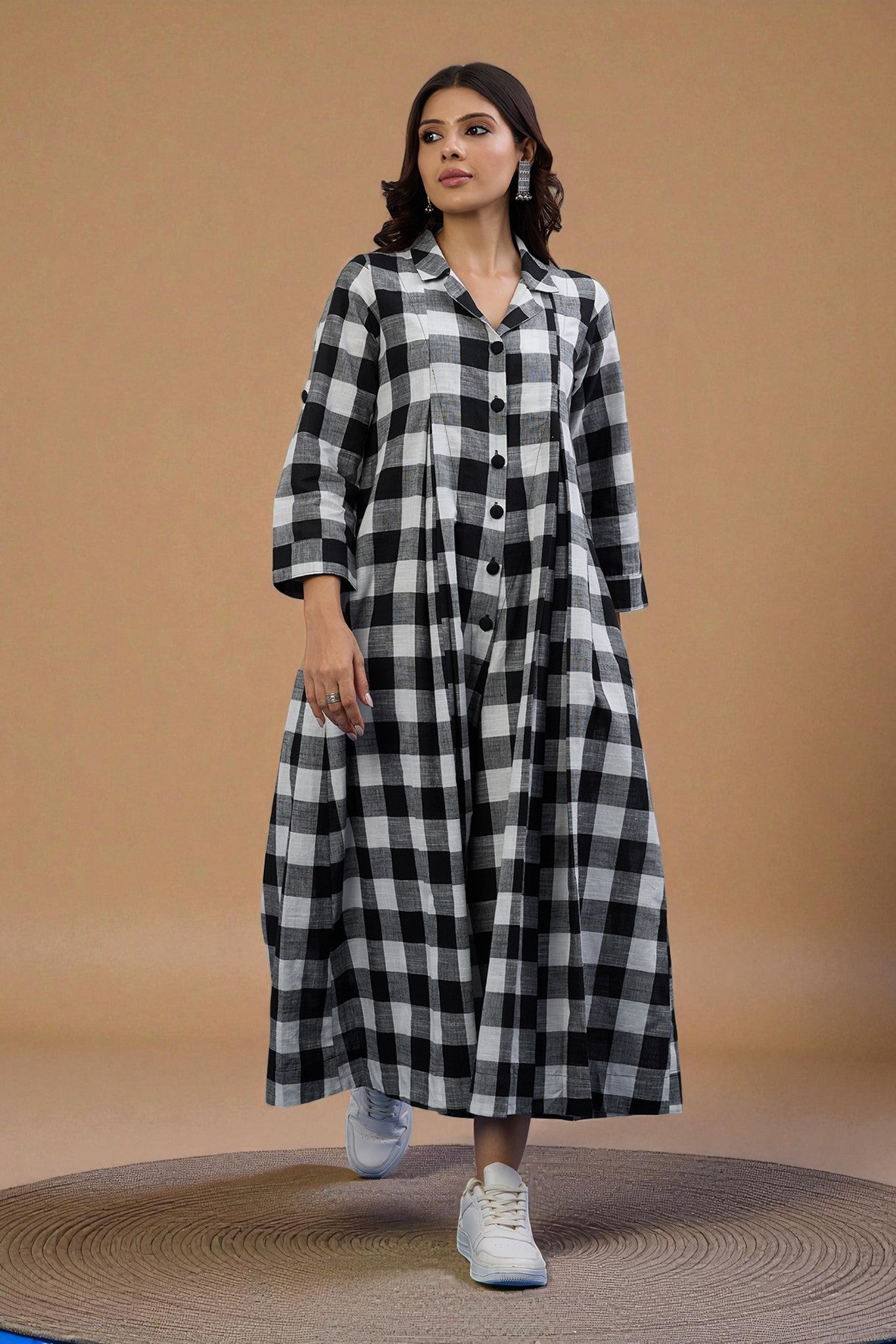 Chessboard Charm Cotton Jumpsuit with Pockets & Collar