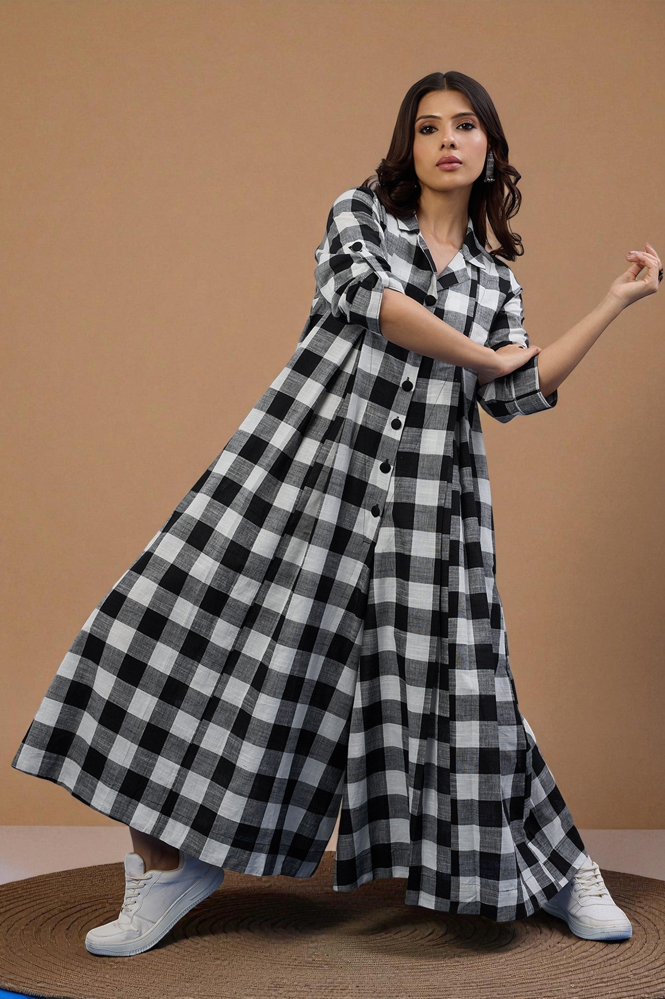Chessboard Charm Cotton Jumpsuit with Pockets & Collar