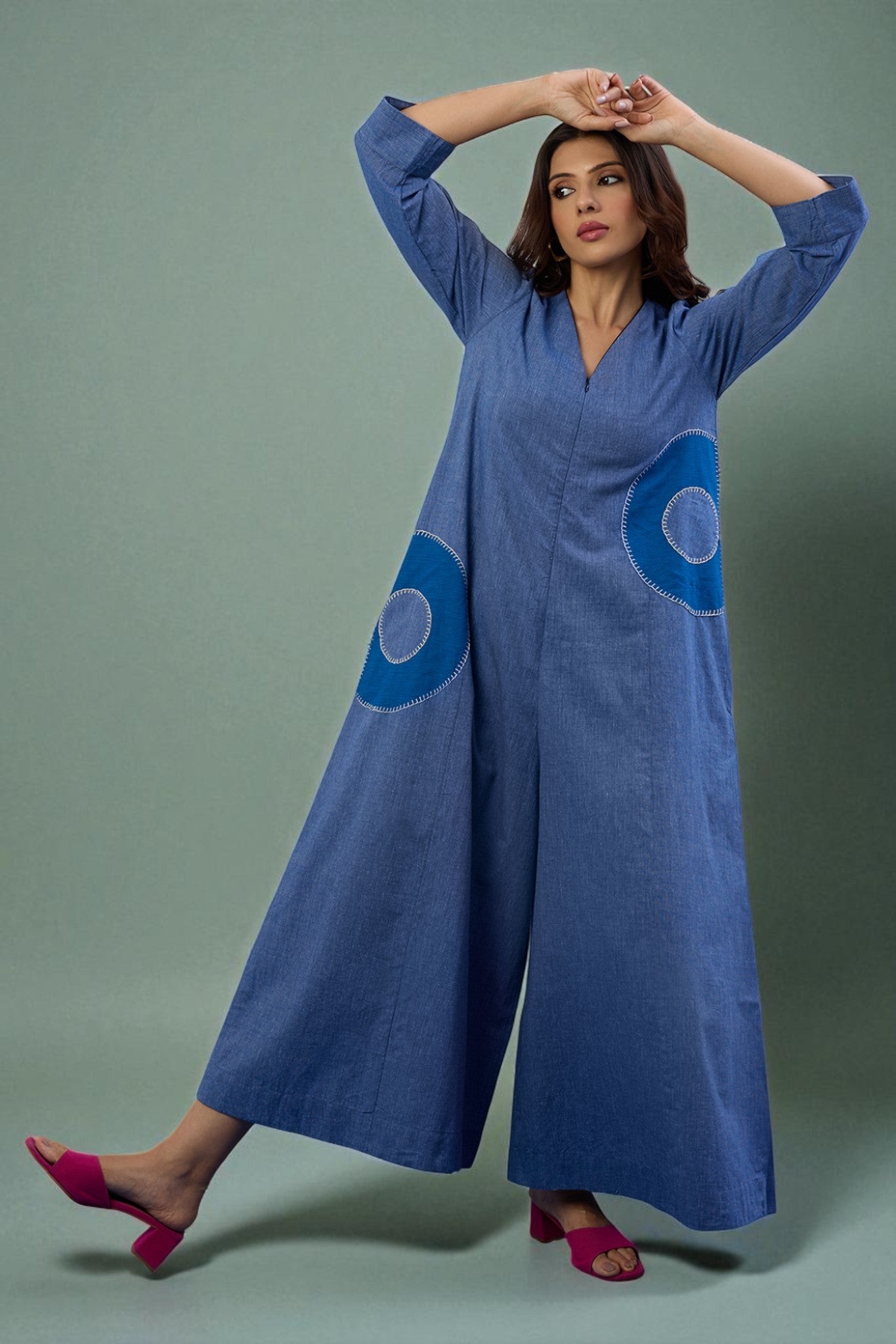Celestial Denim Applique Jumpsuit with Pockets & Sleeves