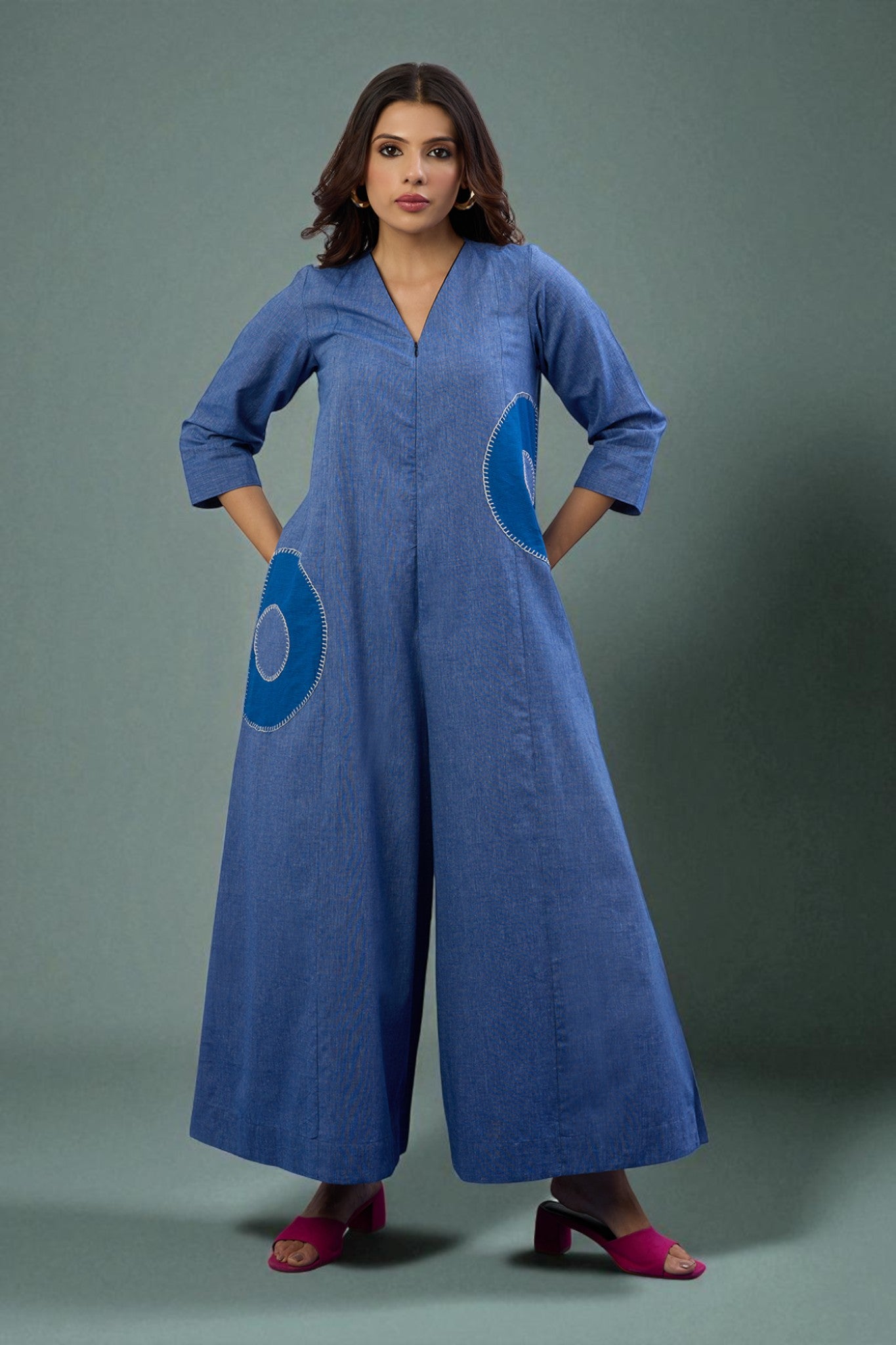 Celestial Denim Applique Jumpsuit with Pockets & Sleeves