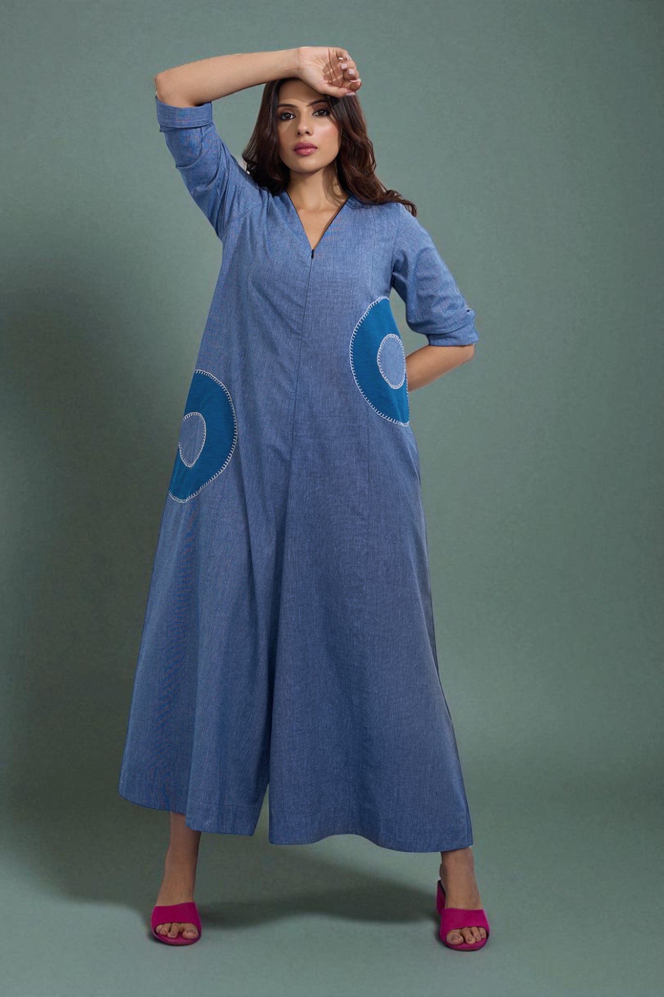 Celestial Denim Applique Jumpsuit with Pockets & Sleeves