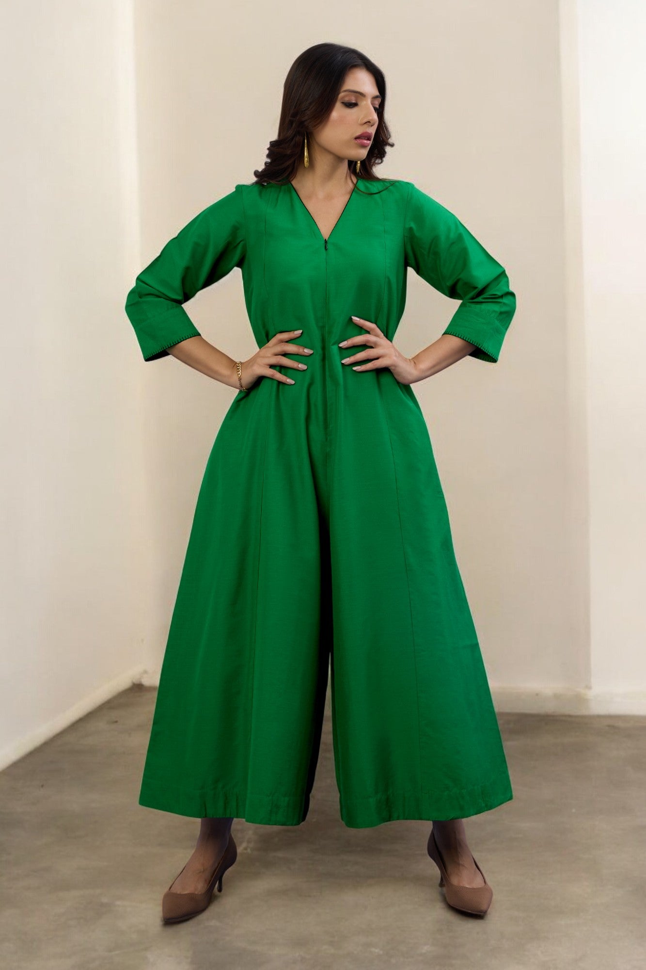 Leafsong Green Silk Slub Front Zipper Jumpsuit with Pockets & Sleeves