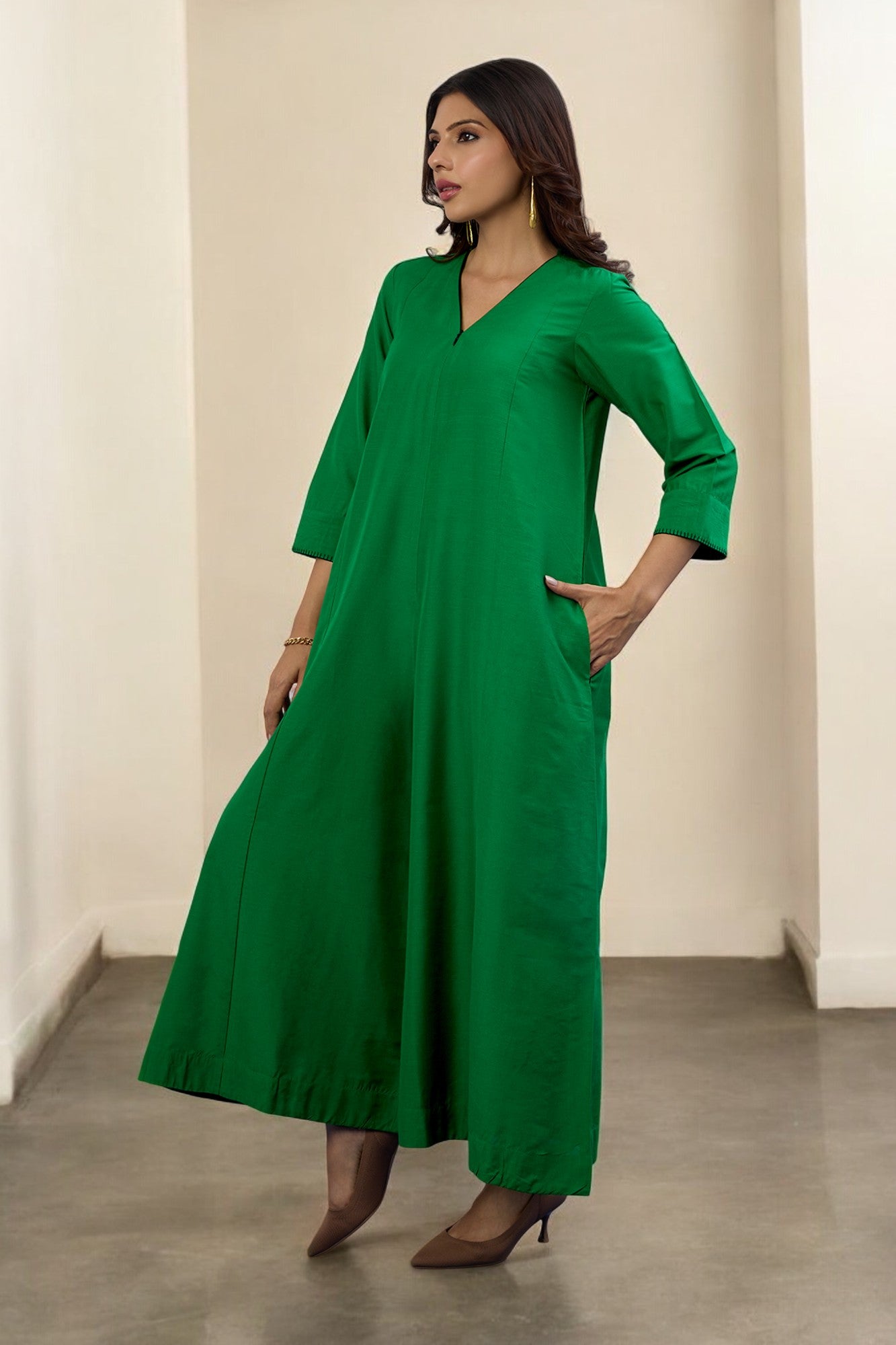 Leafsong Green Silk Slub Front Zipper Jumpsuit with Pockets & Sleeves