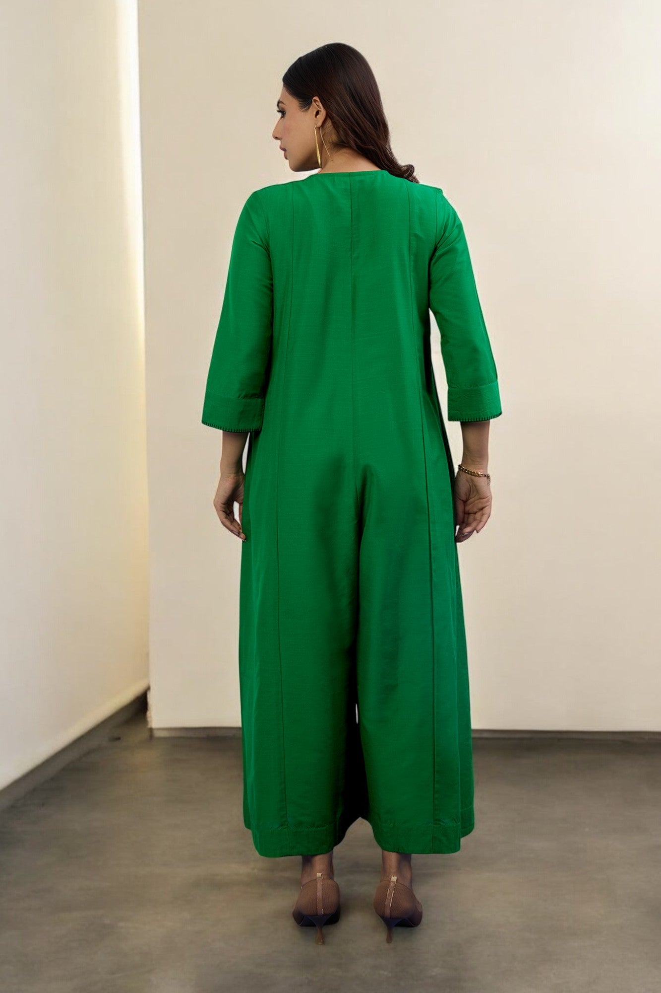 Leafsong Green Silk Slub Front Zipper Jumpsuit with Pockets & Sleeves