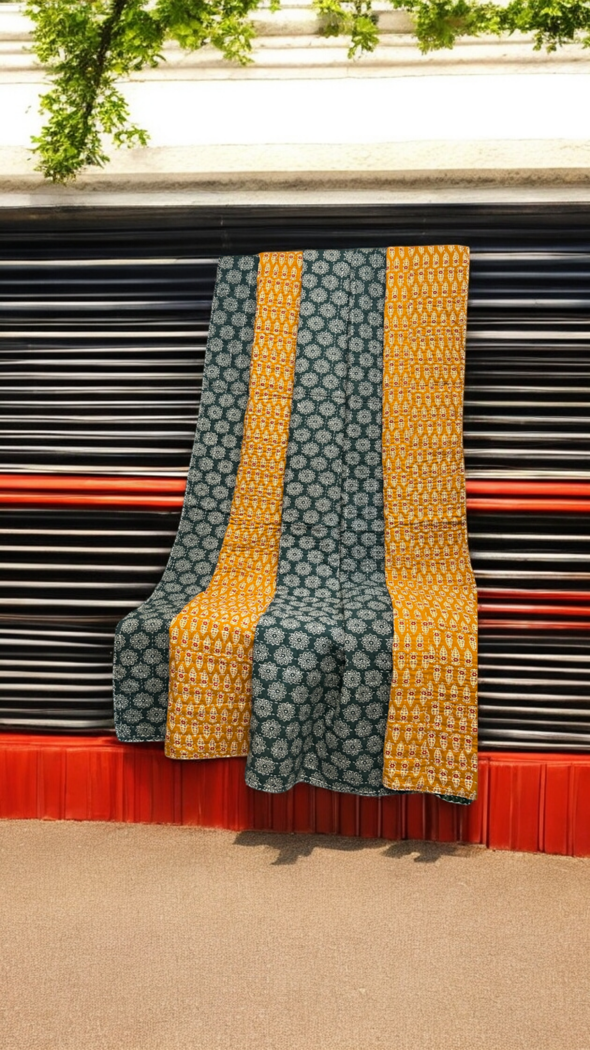 handcrafted reversible mashroo double quilt with filler - Vintage Green & Gold Motifs