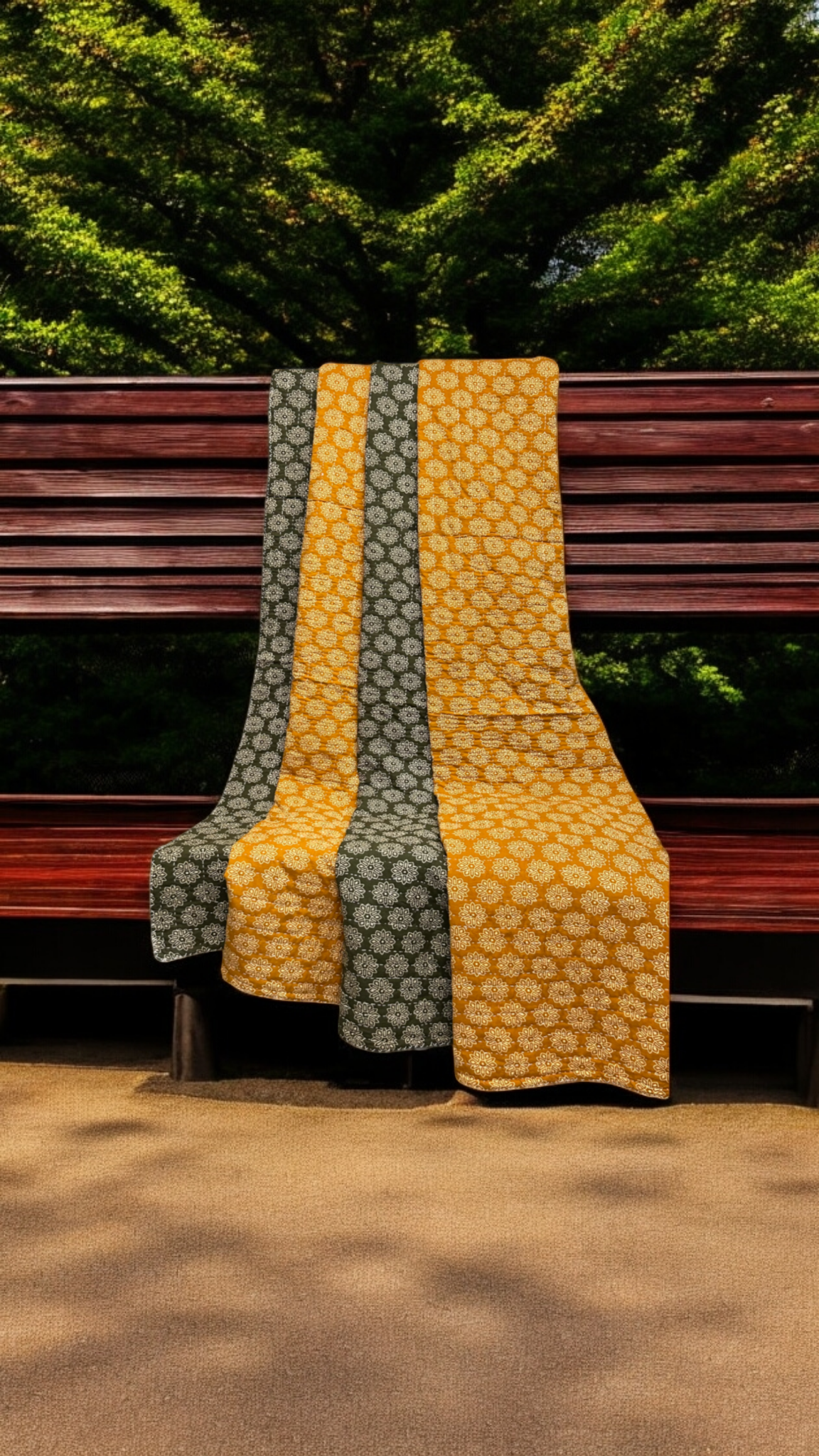 handcrafted reversible mashroo double quilt with filler - Evergreen Spice & Royal Petites