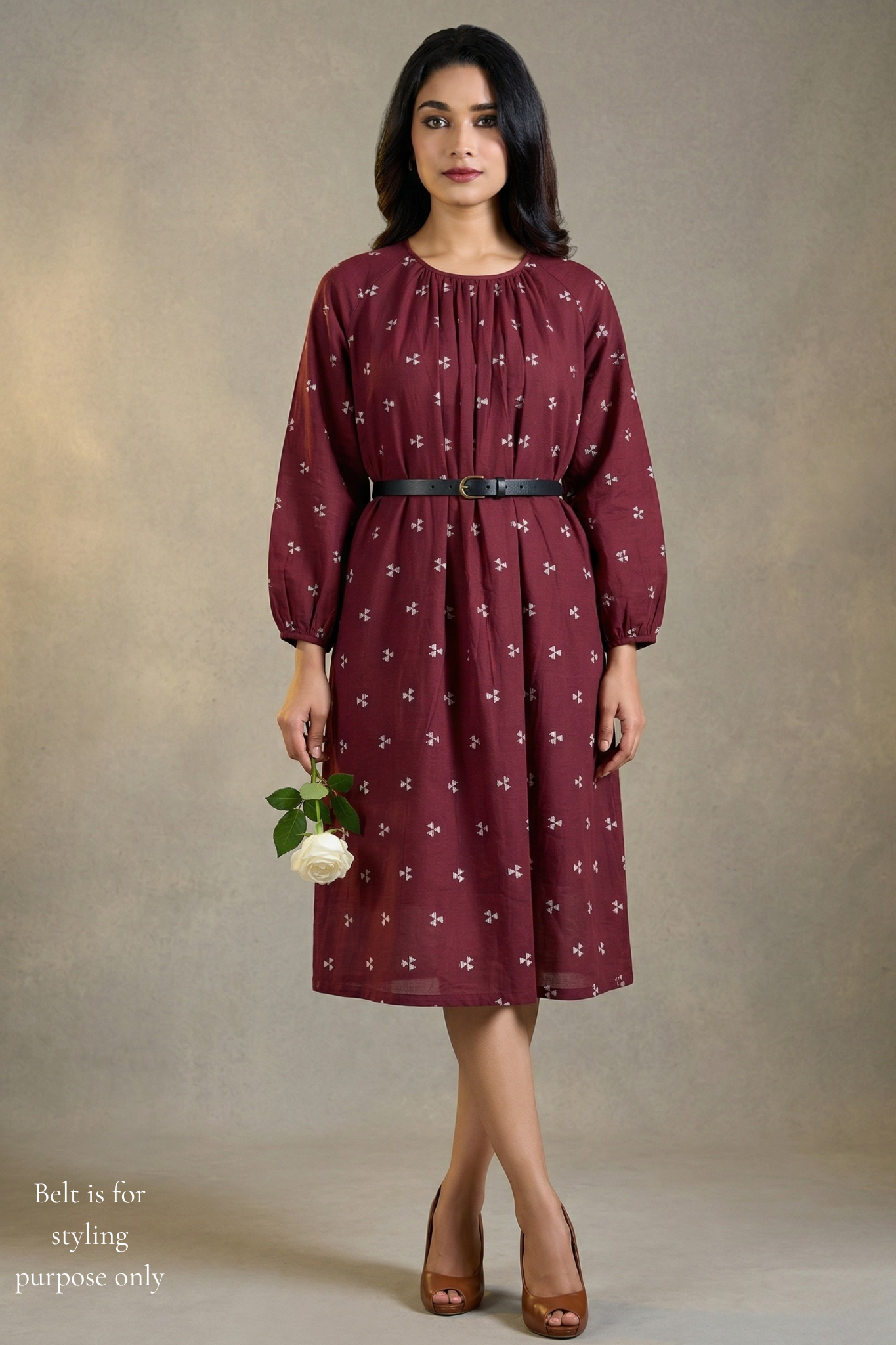 Cinnamon Motifs Cotton Midi Gather Dress