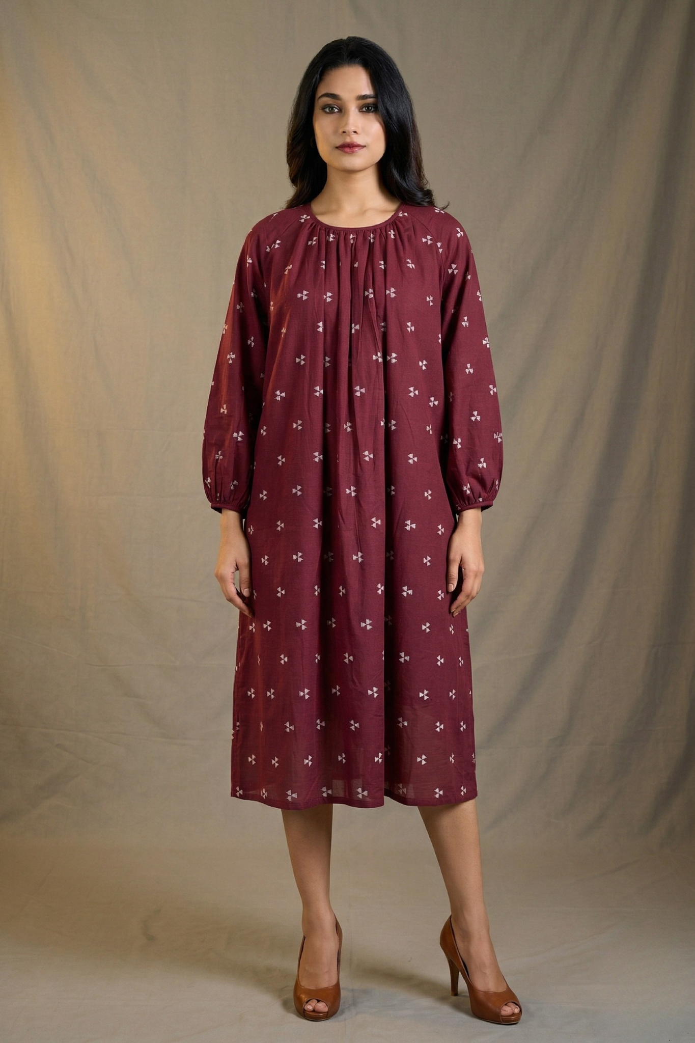 Cinnamon Motifs Cotton Midi Gather Dress