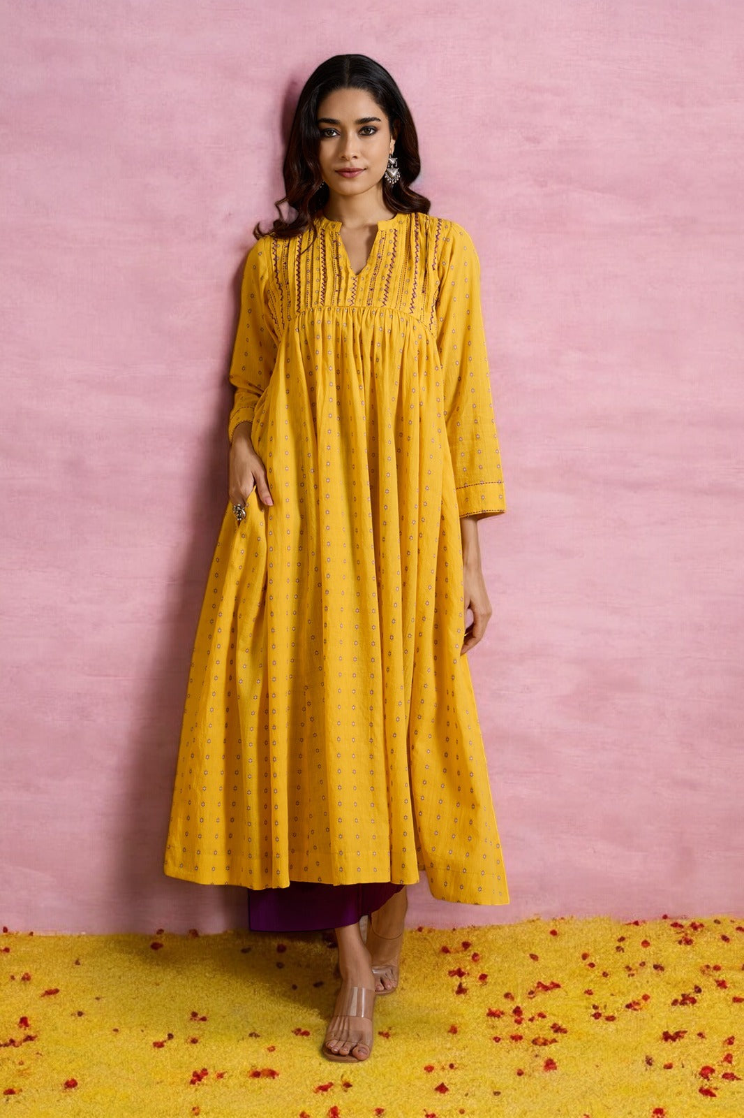 Lustrous Yellow Dots Pintuck Yoke Anarkali