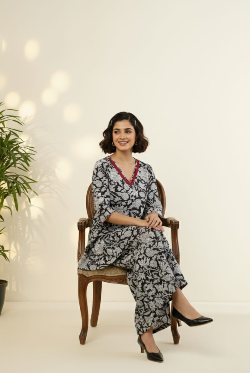 Co-ord Set Ebony Blossom Whispers Tunic & Sharara (Set of 2)