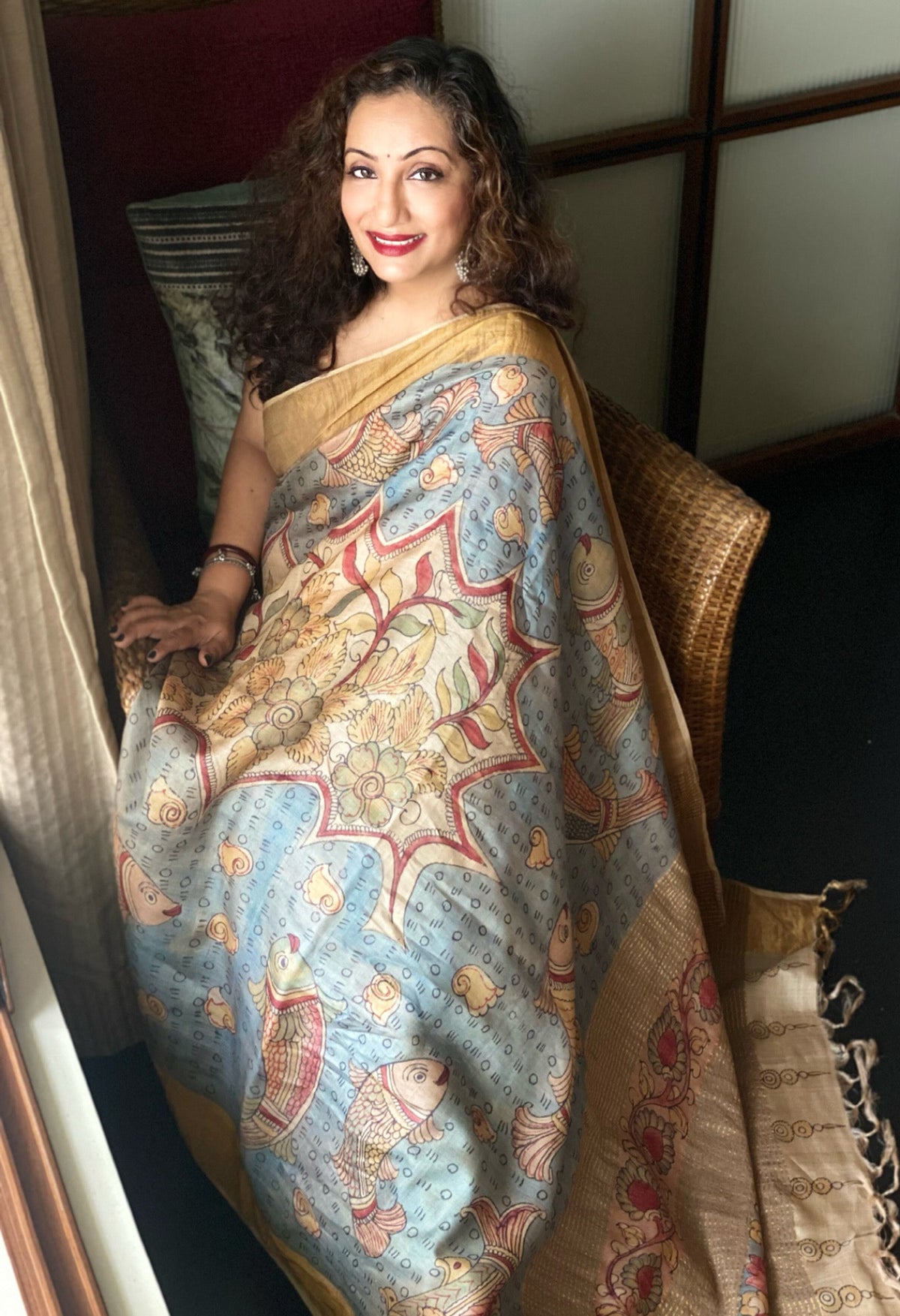 hand painted kalamkari tasar saree - infinite ocean & fish dance