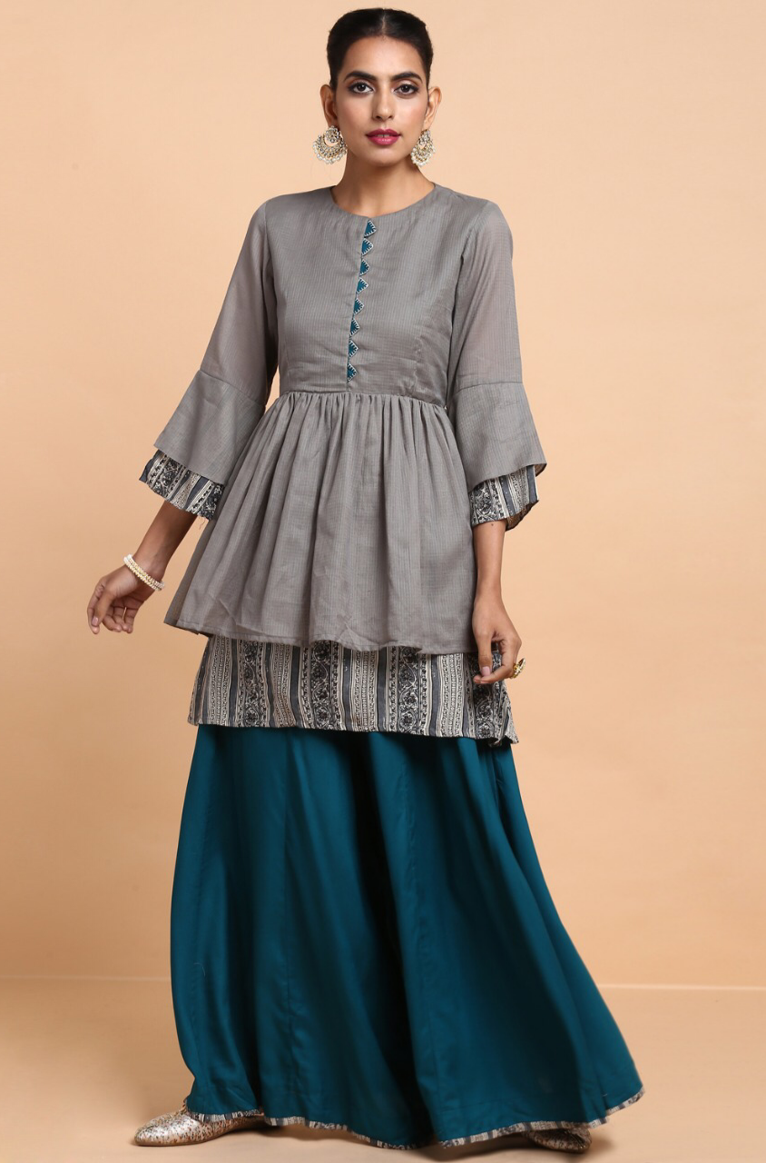 ensemble - peplum top + palazzo - harbor grey & rama green