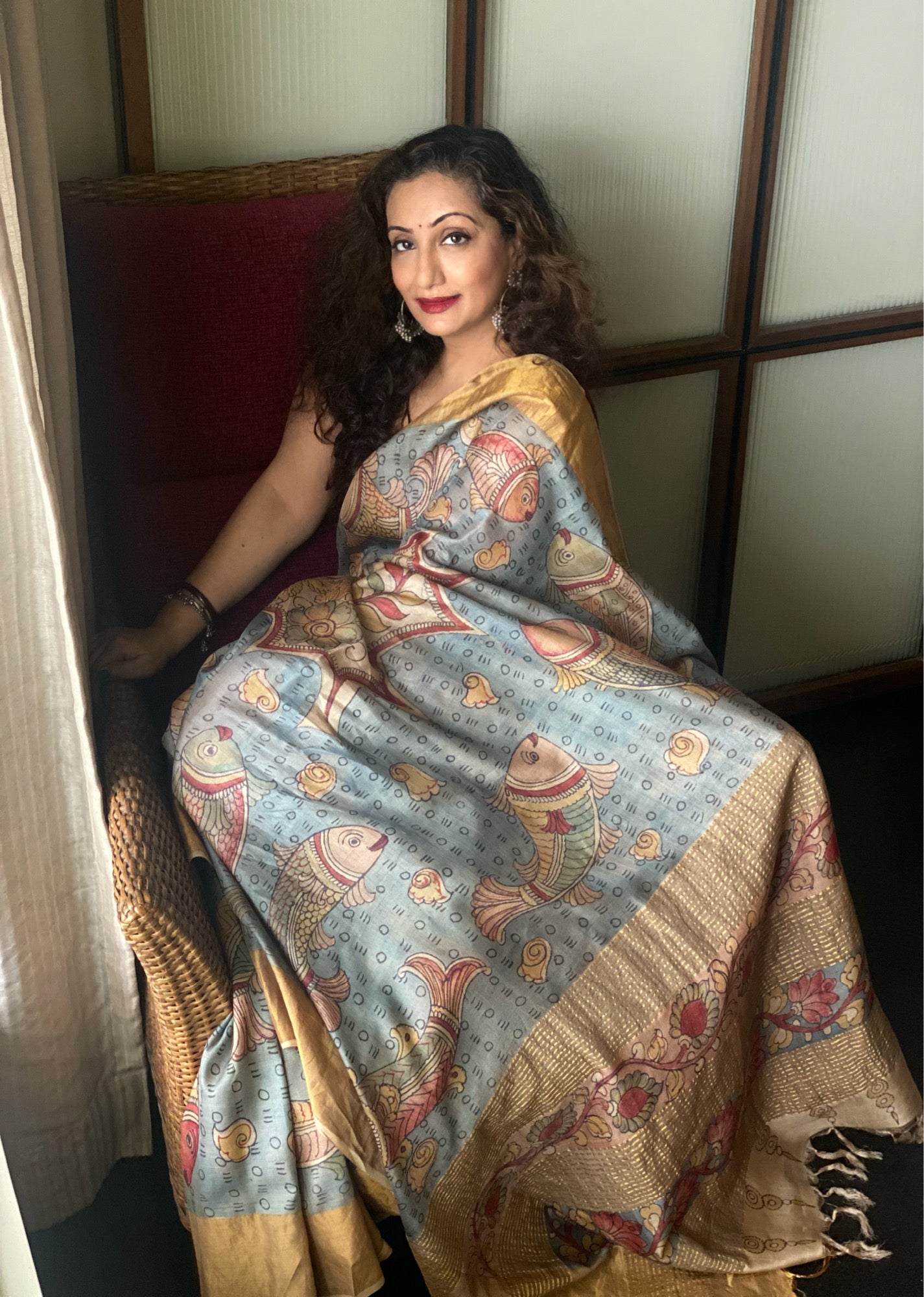 hand painted kalamkari tasar saree - infinite ocean & fish dance