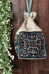 kutchi potli neran silk - silver & teal mirror