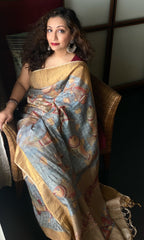 hand painted kalamkari tasar saree - infinite ocean & fish dance